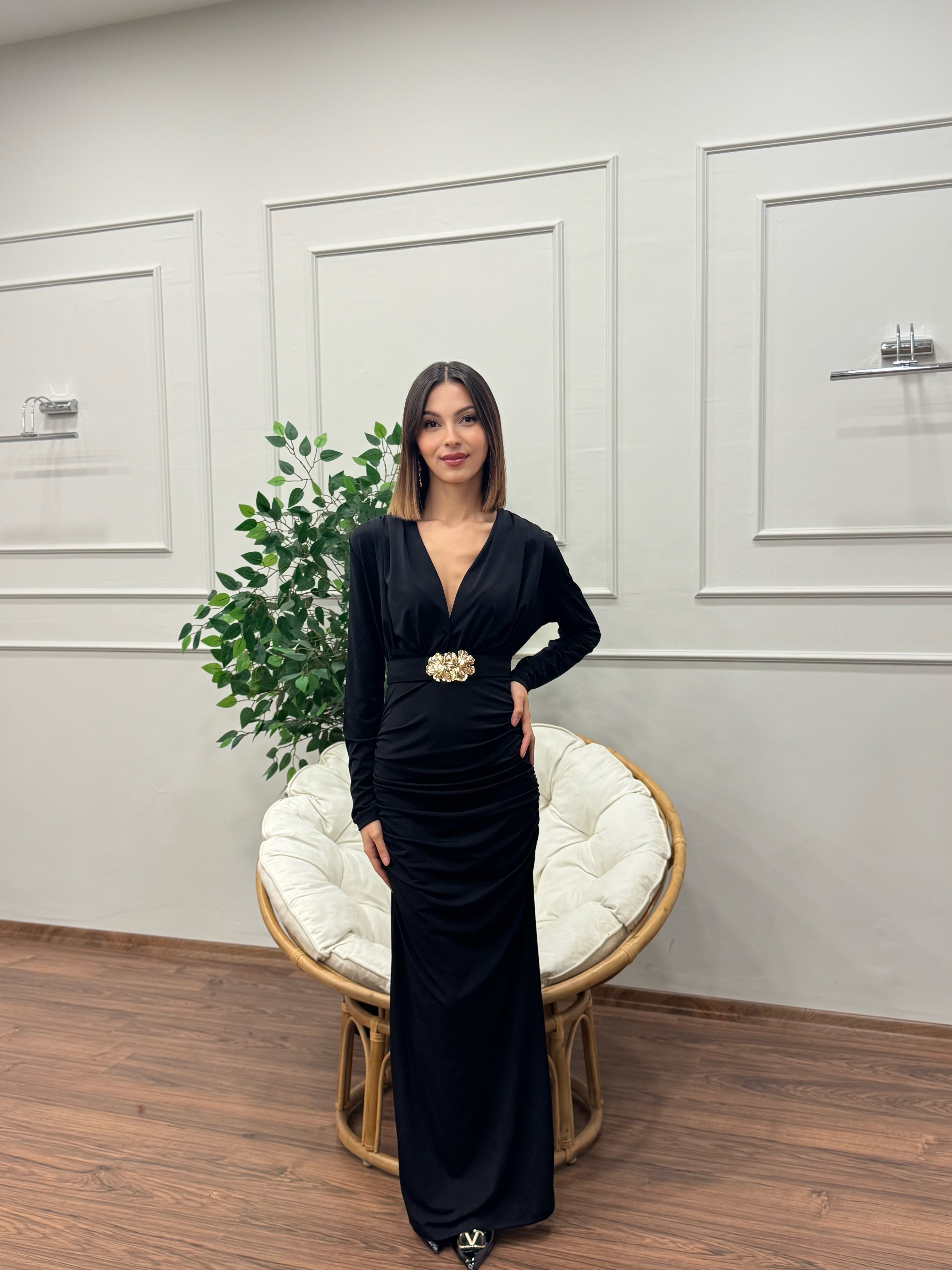 Gold Goddess Drape Detay Siyah Elbise