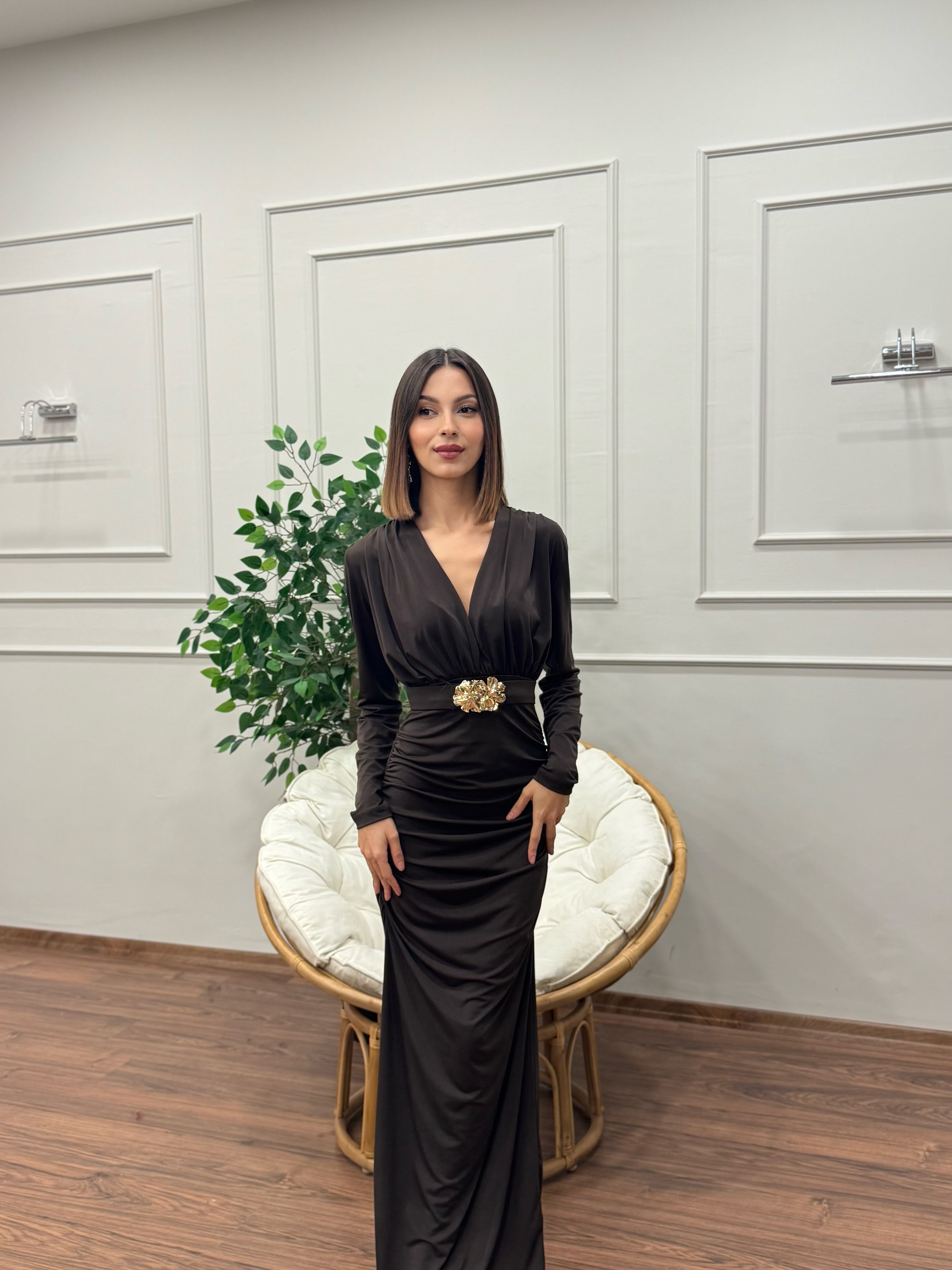 Gold Goddess Drape Detay Kahverengi Elbise