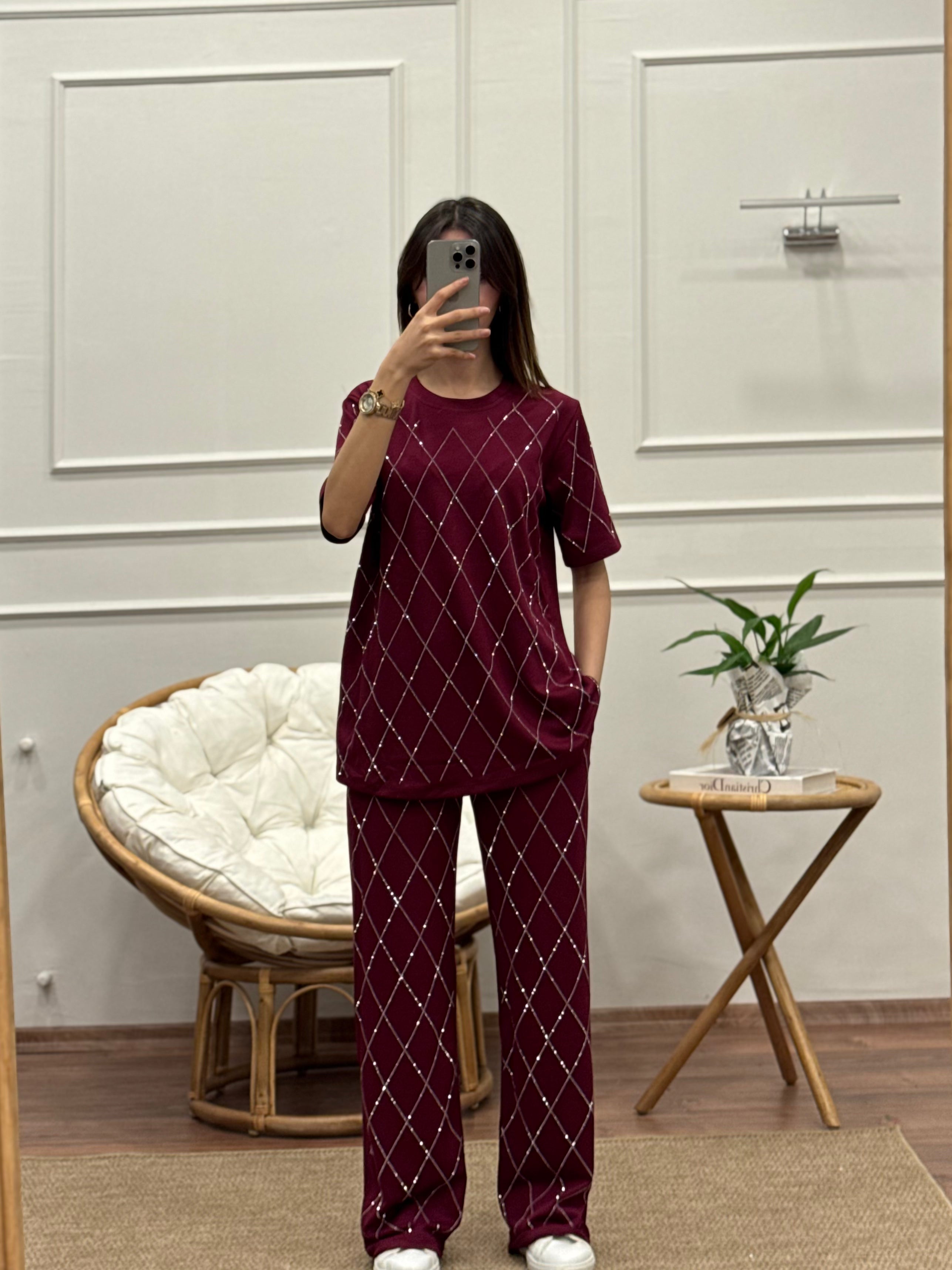 Oys Baklava Desen Taş Baskı Bordo Bluz Pantolon Takım