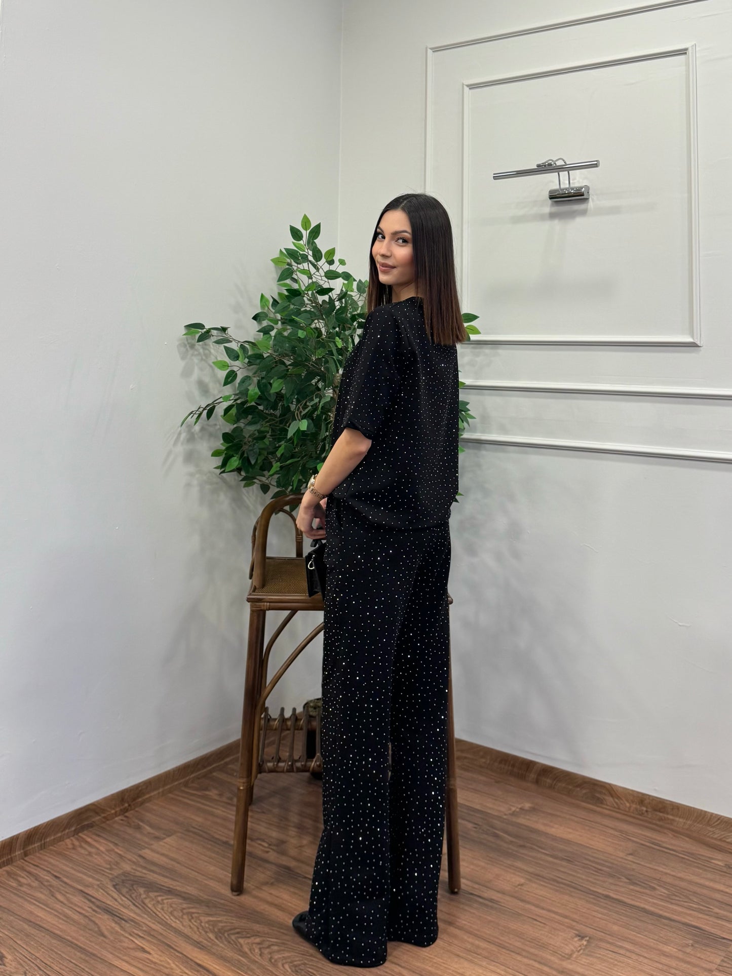 Star Set Bluz Pantolon Siyah Taşlı Takım