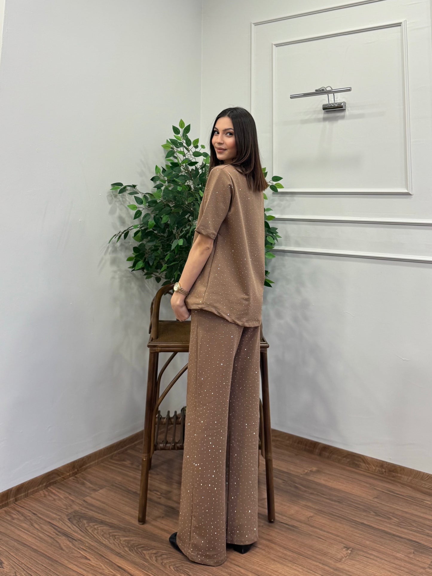 Star Set Bluz Pantolon Bej Taşlı Takım