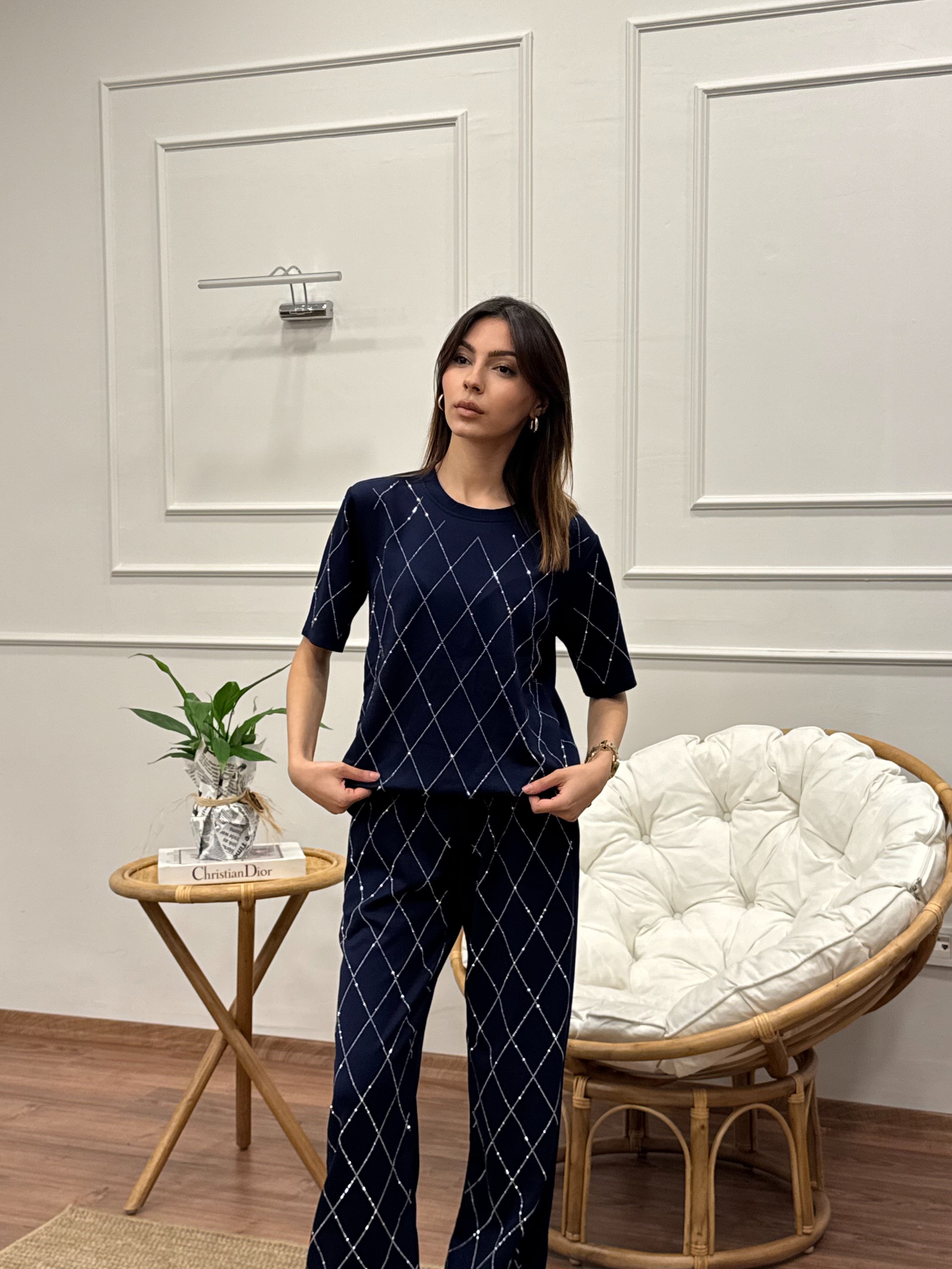 Oys Baklava Desen Taş Baskı Lacivert Bluz Pantolon Takım