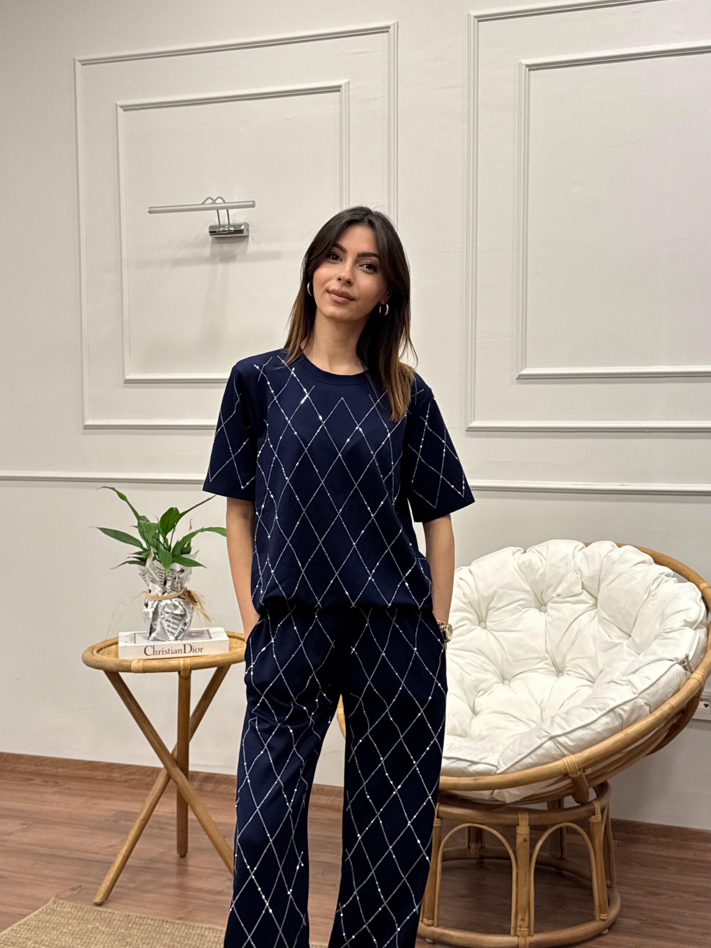 Oys Baklava Desen Taş Baskı Lacivert Bluz Pantolon Takım