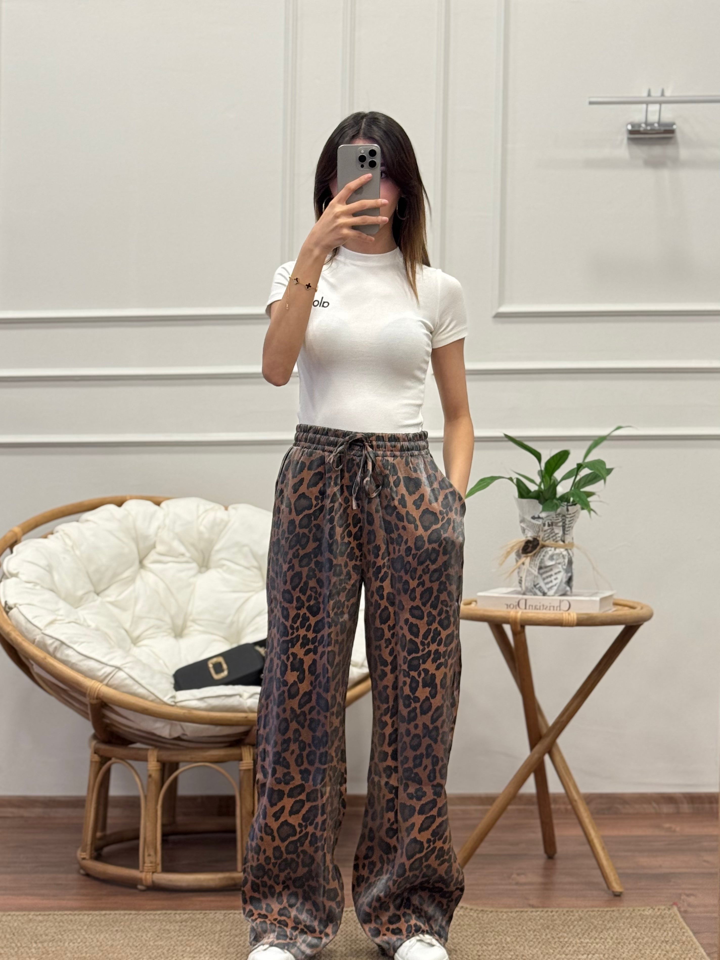 Saten Leopar Desen Kahverengi Pantolon