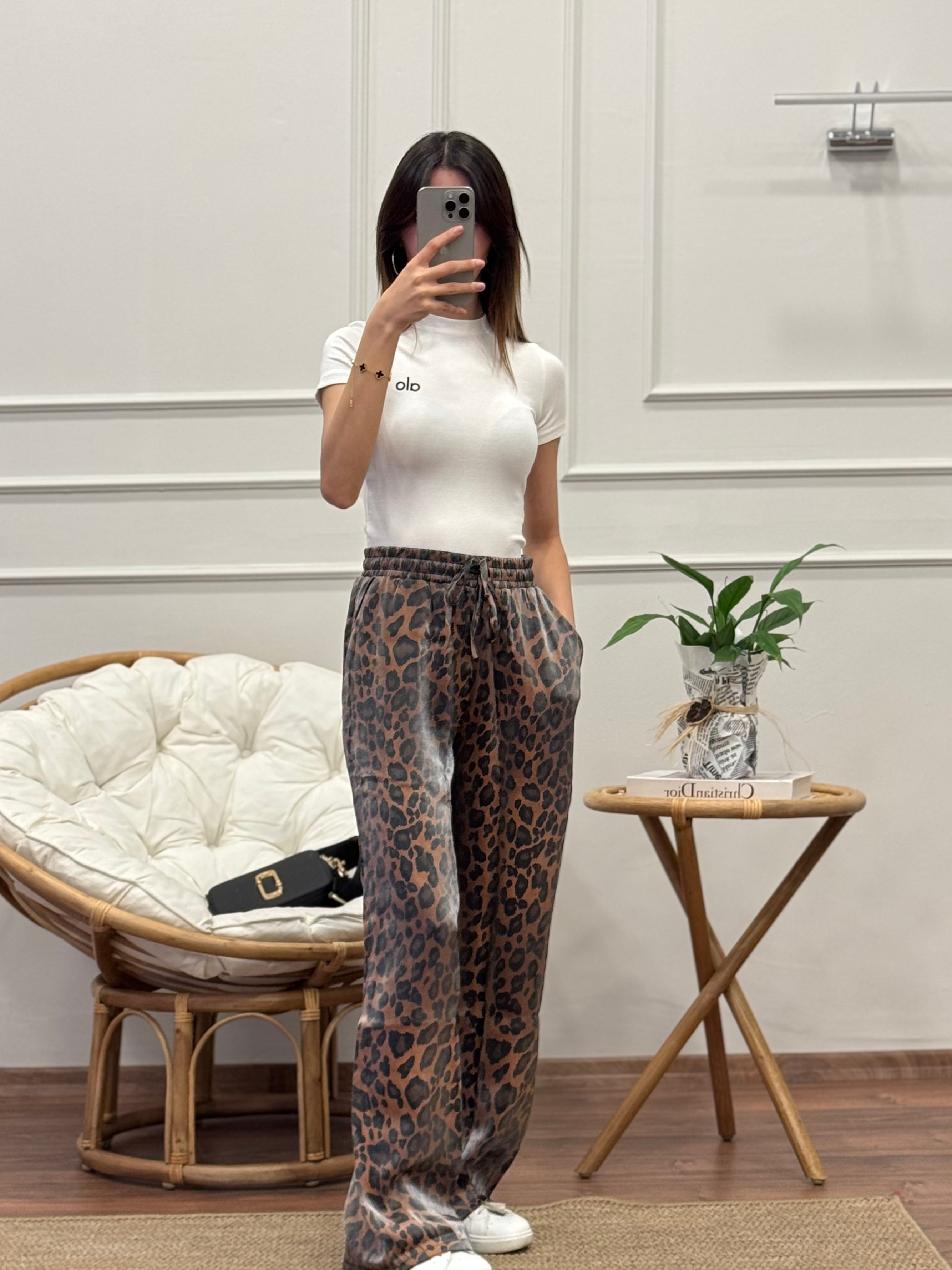 Saten Leopar Desen Kahverengi Pantolon