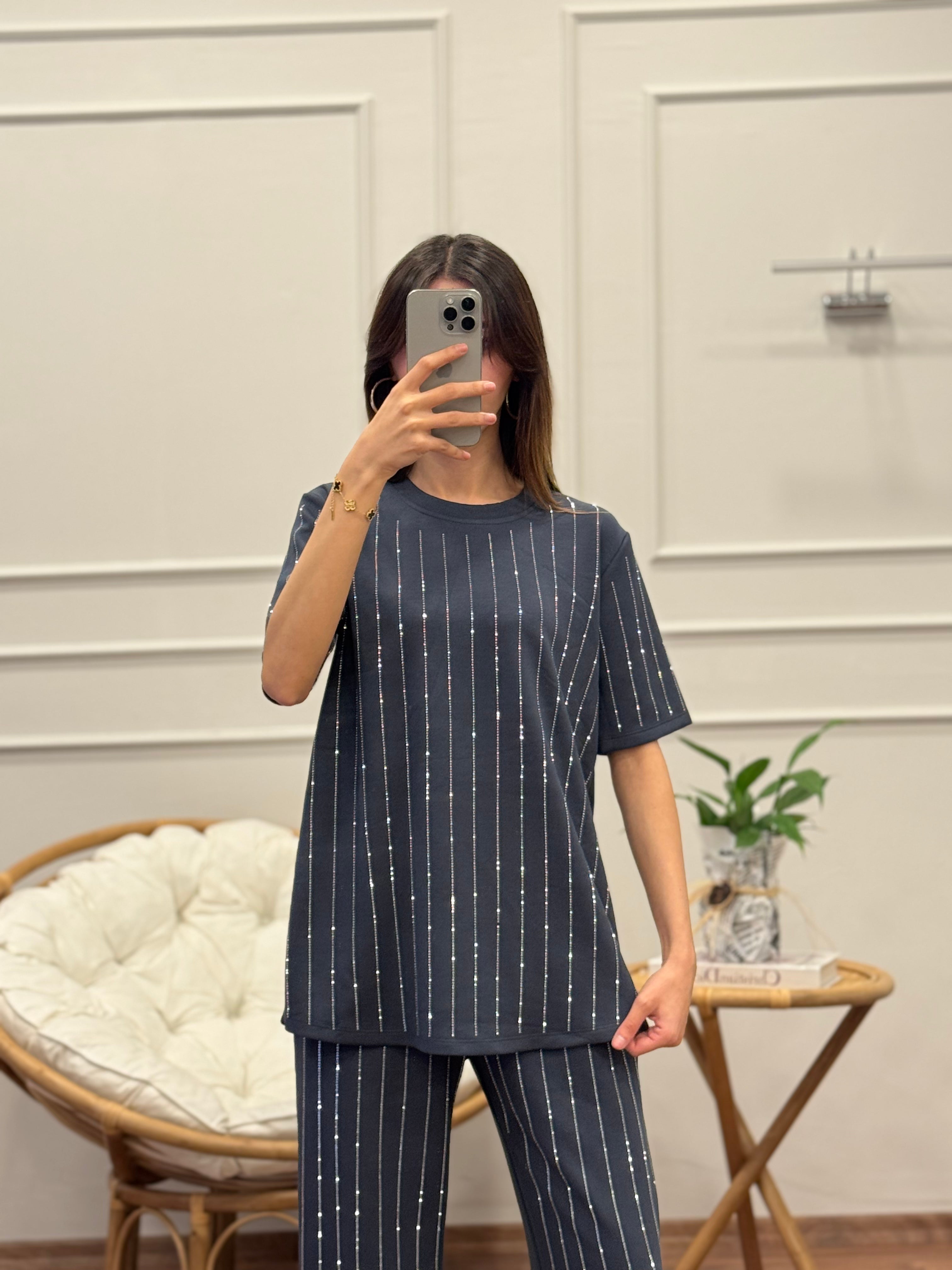 Oys Çizgi Desen Taş Baskı Antrasit Bluz Pantolon Takım