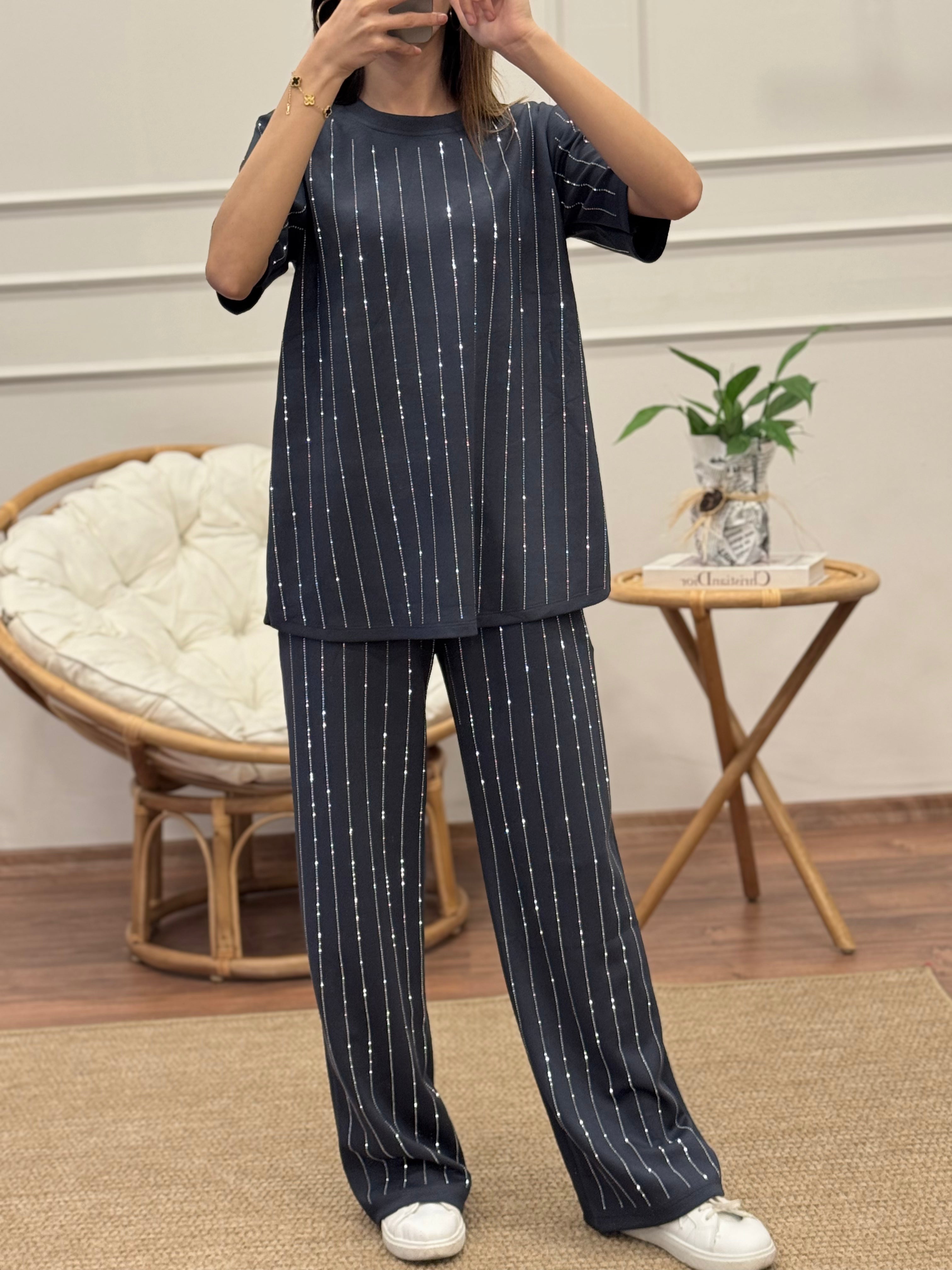 Oys Çizgi Desen Taş Baskı Antrasit Bluz Pantolon Takım