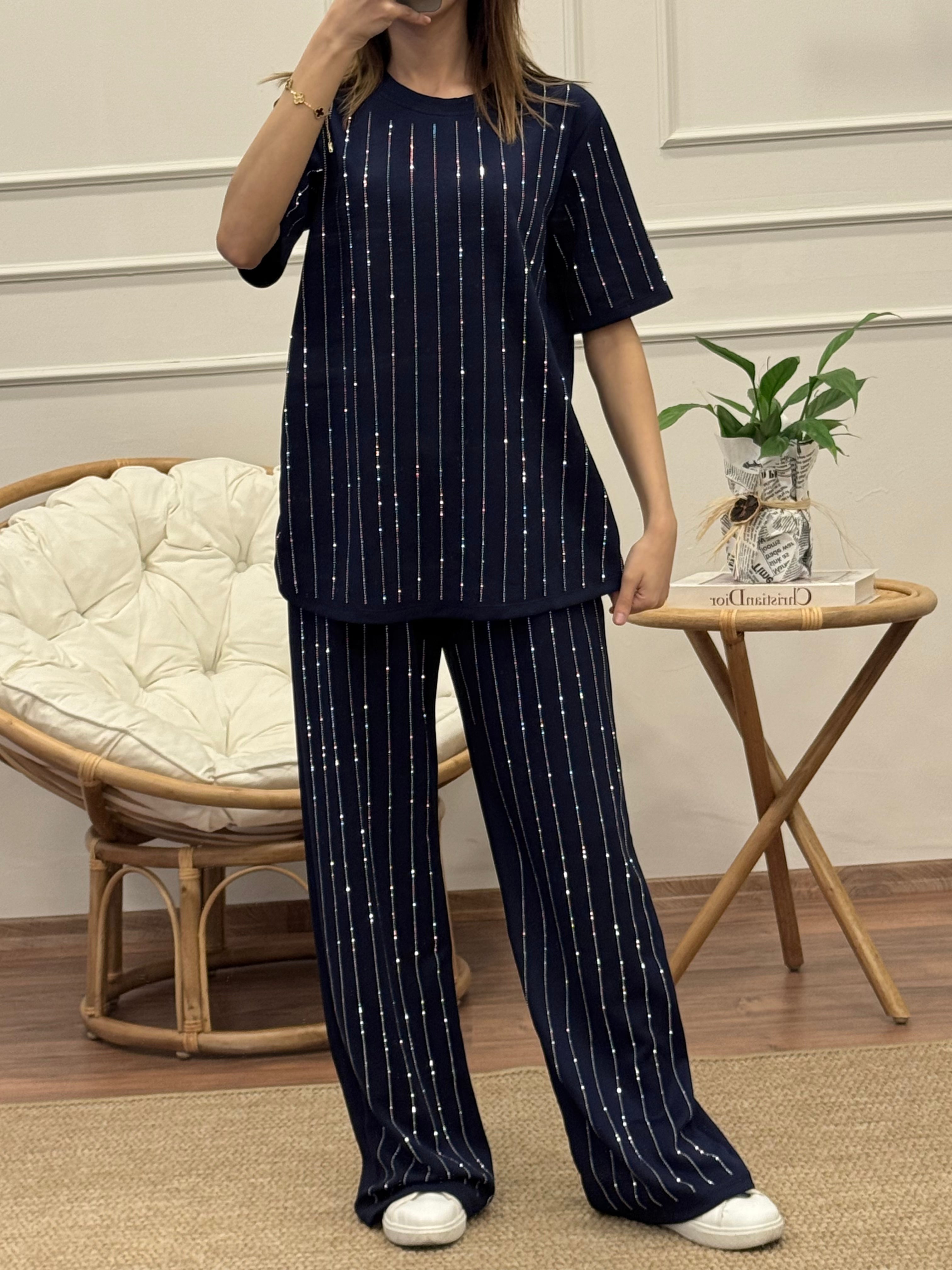 Oys Çizgi Desen Taş Baskı Lacivert Bluz Pantolon Takım