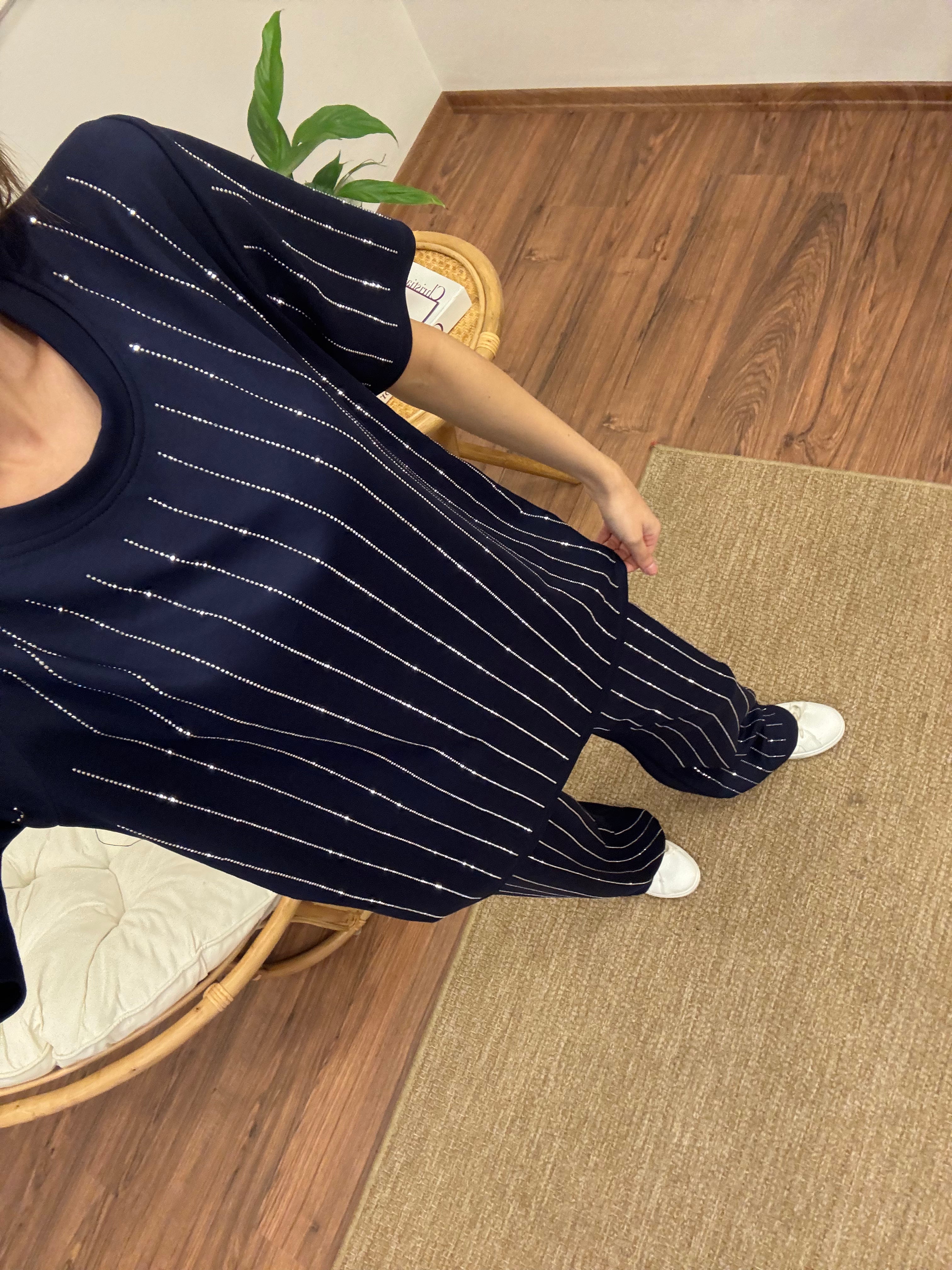 Oys Çizgi Desen Taş Baskı Lacivert Bluz Pantolon Takım