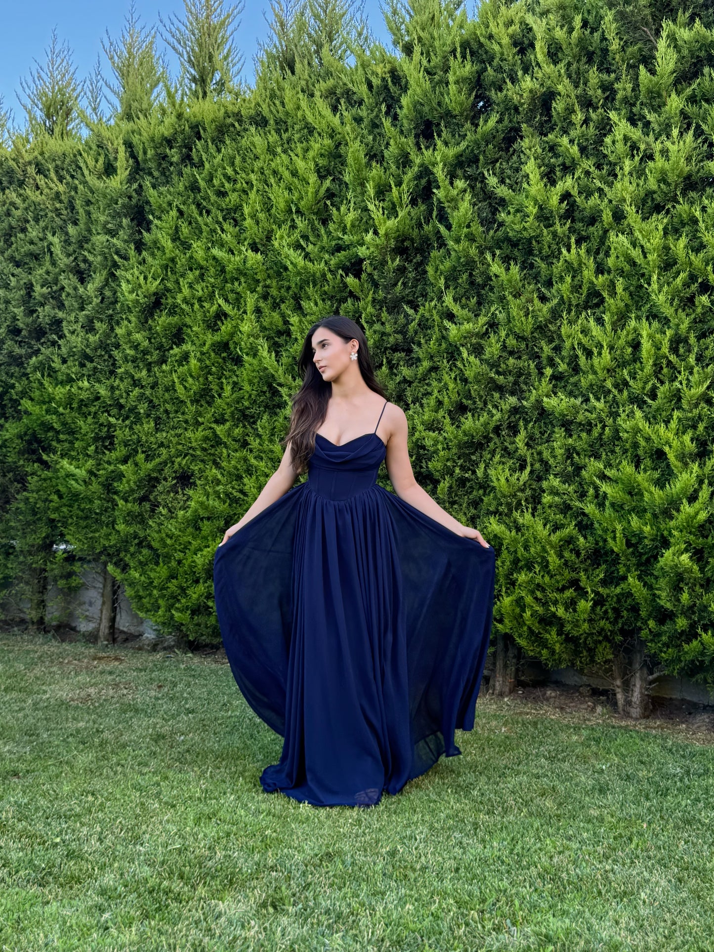 'Lovely' Göğüs Drape Sırt Detay Yırtmaçlı Lacivert Abiye