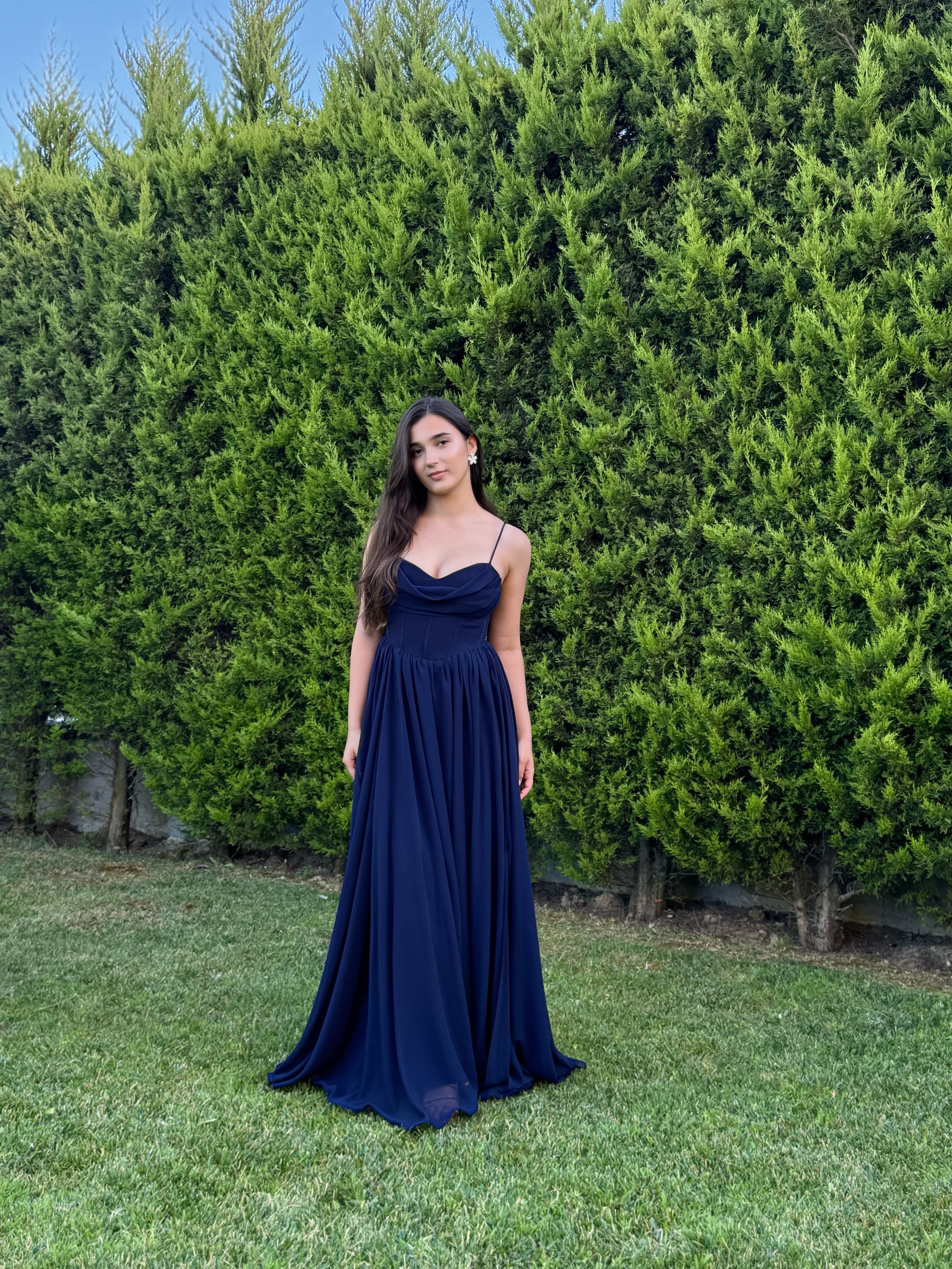 'Lovely' Göğüs Drape Sırt Detay Yırtmaçlı Lacivert Abiye