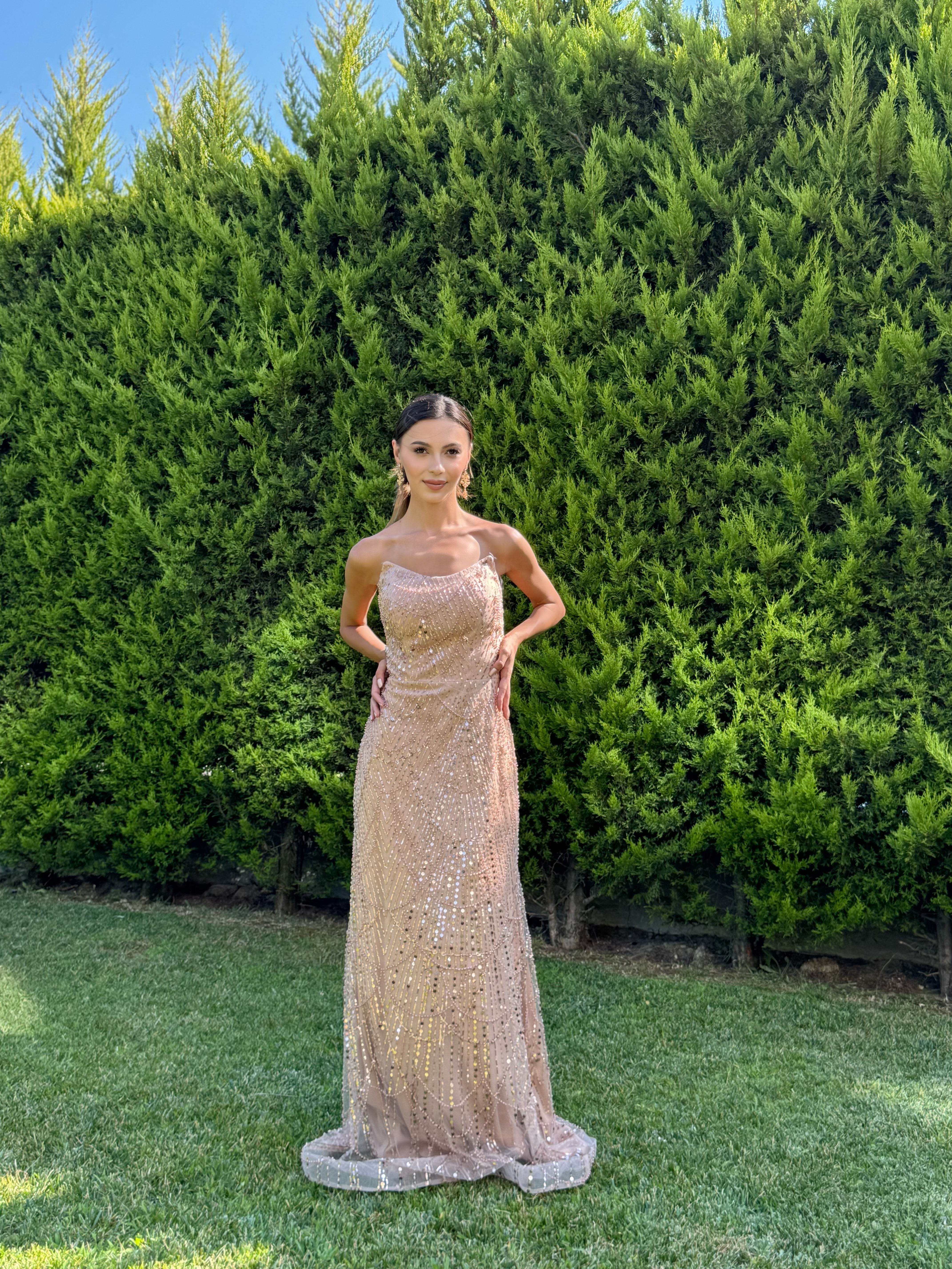 'Elysia' Straplez Payet Pul Detay Abiye