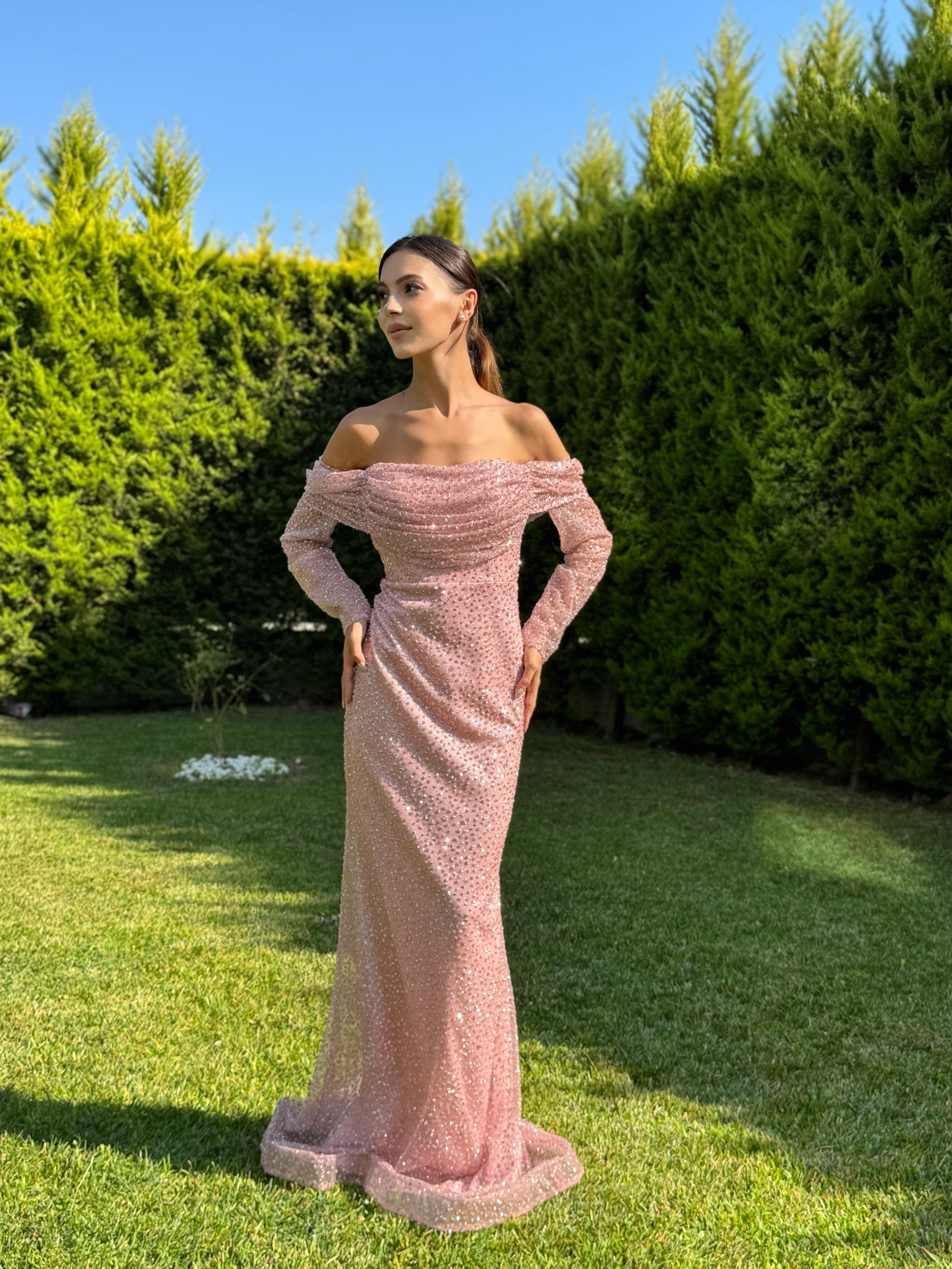 'Elanor' Kayık Yaka Taşlı Pudra Abiye