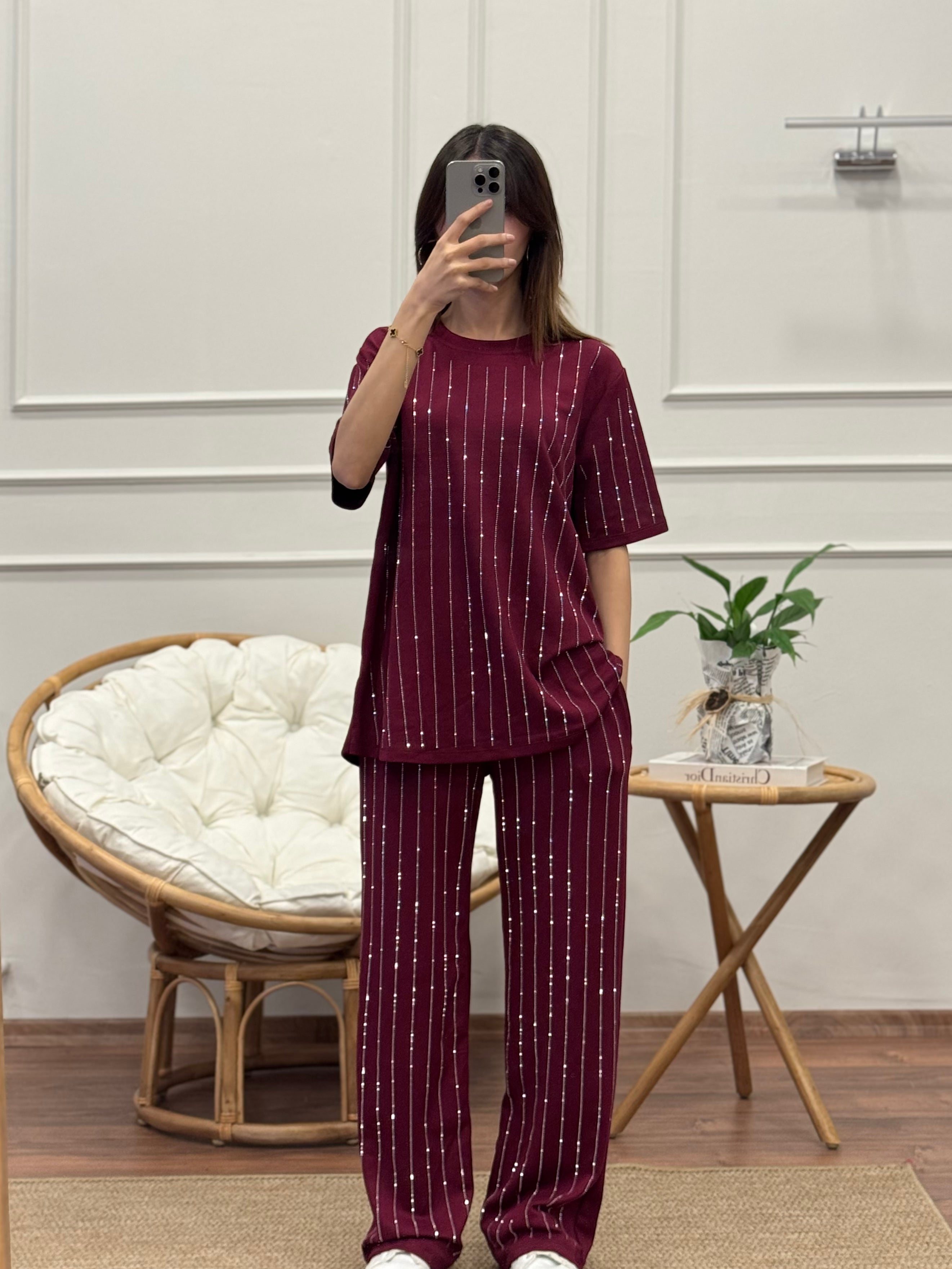 Oys Çizgi Desen Taş Baskı Bordo Bluz Pantolon Takım