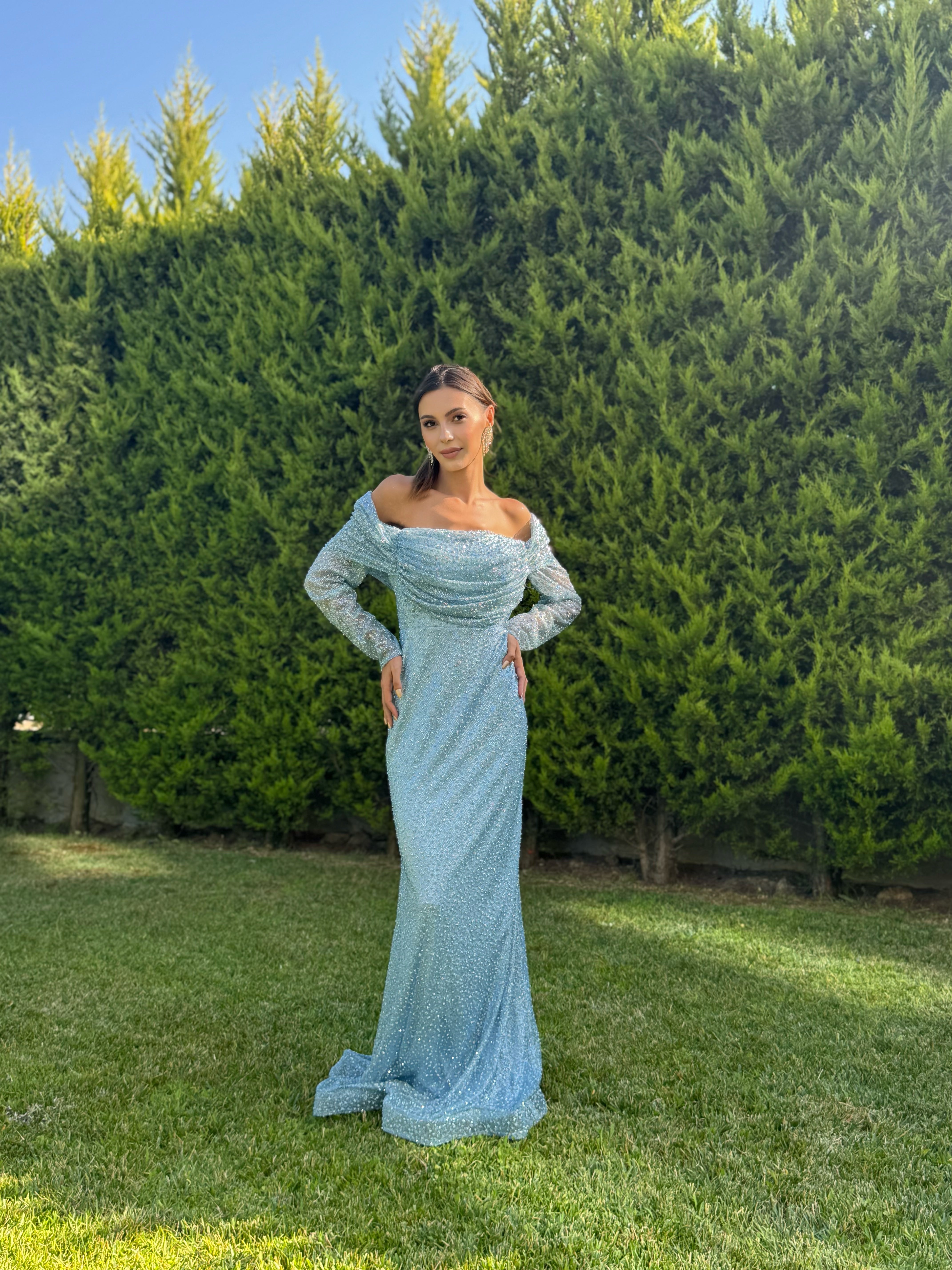 'Elanor' Kayık Yaka Taşlı Mavi Abiye