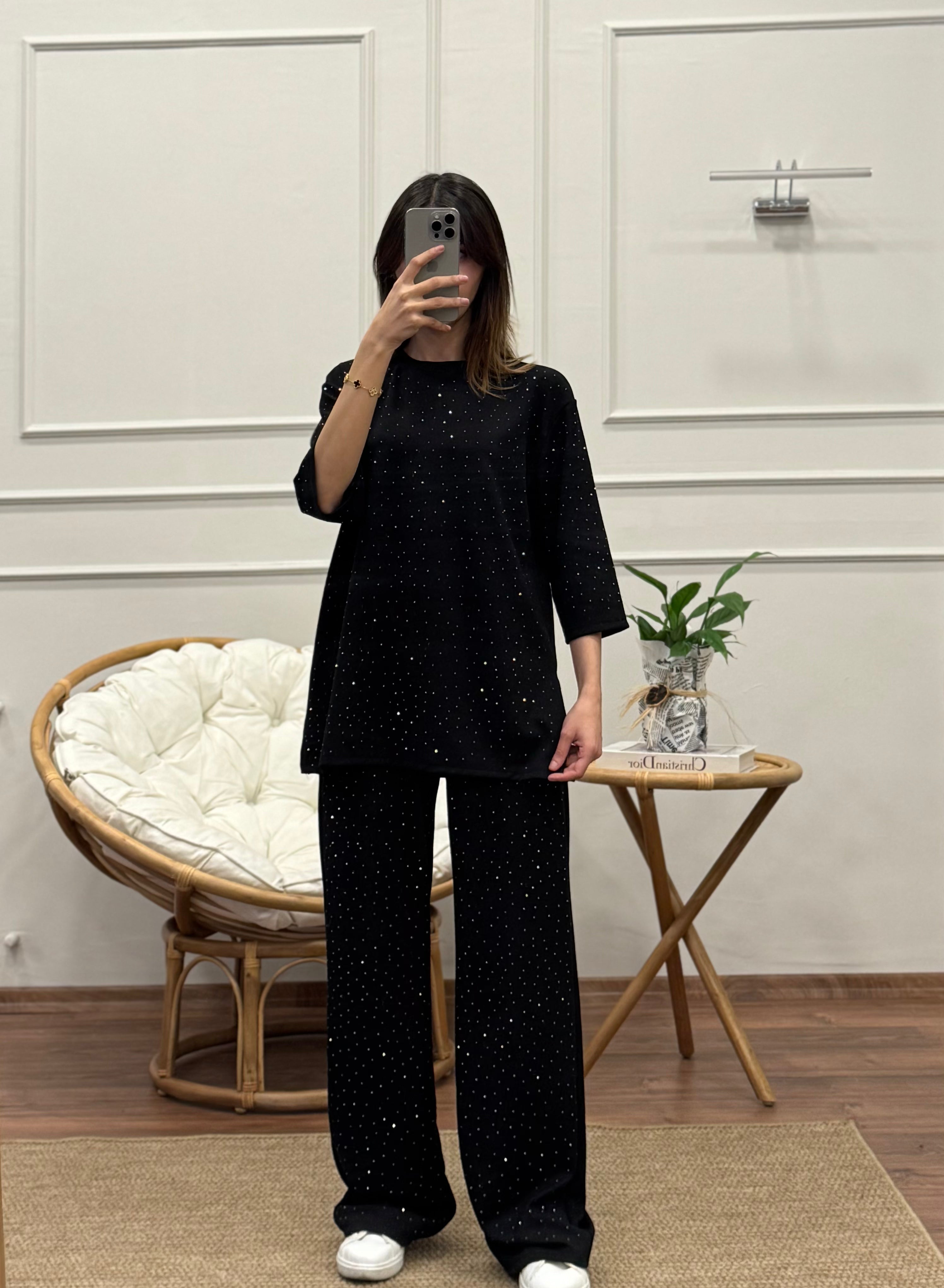 Oys Taş Baskı Siyah Fakir Kol Bluz Pantolon Takım