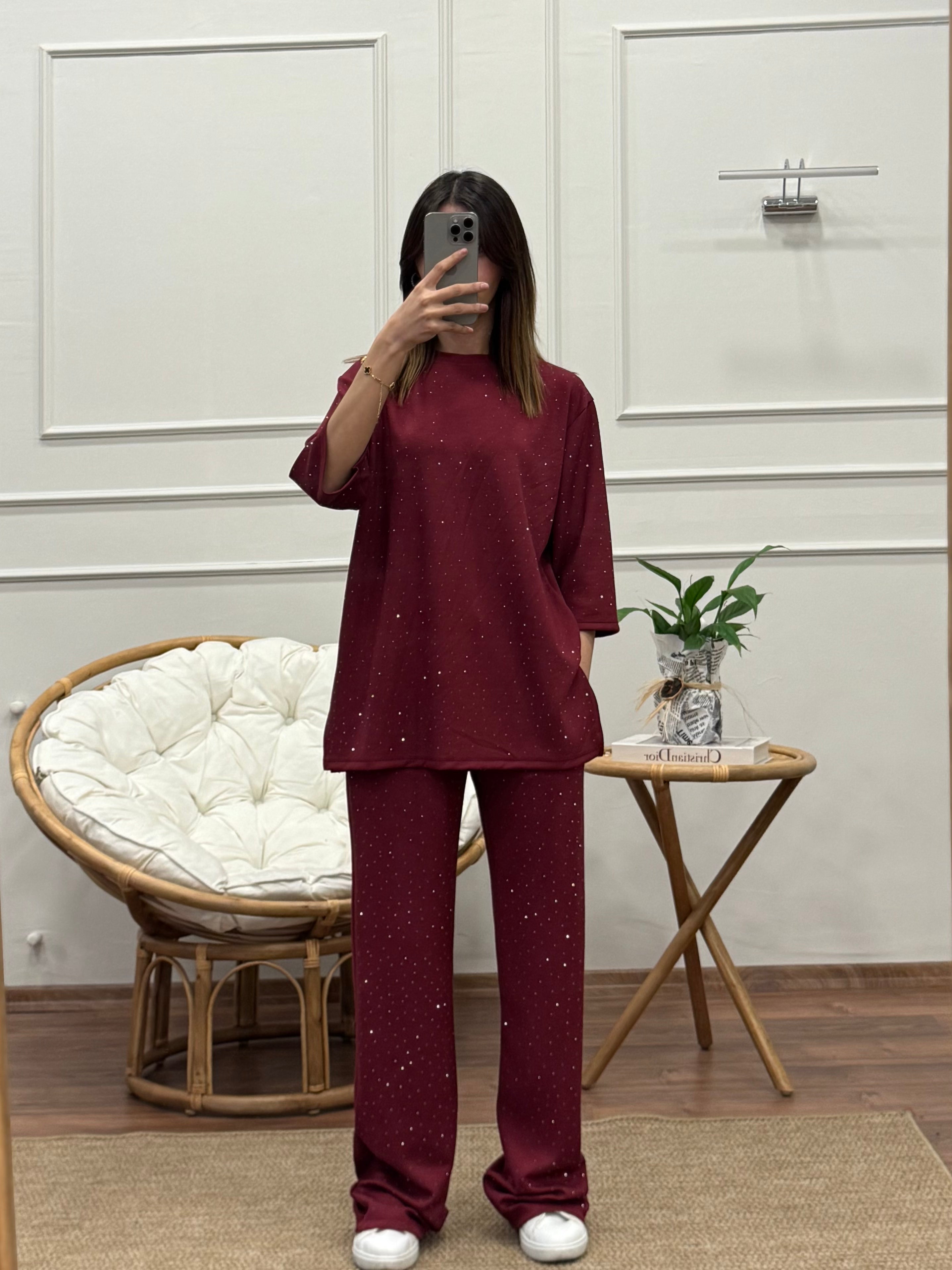 Oys Taş Baskı Bordo Fakir Kol Bluz Pantolon Takım