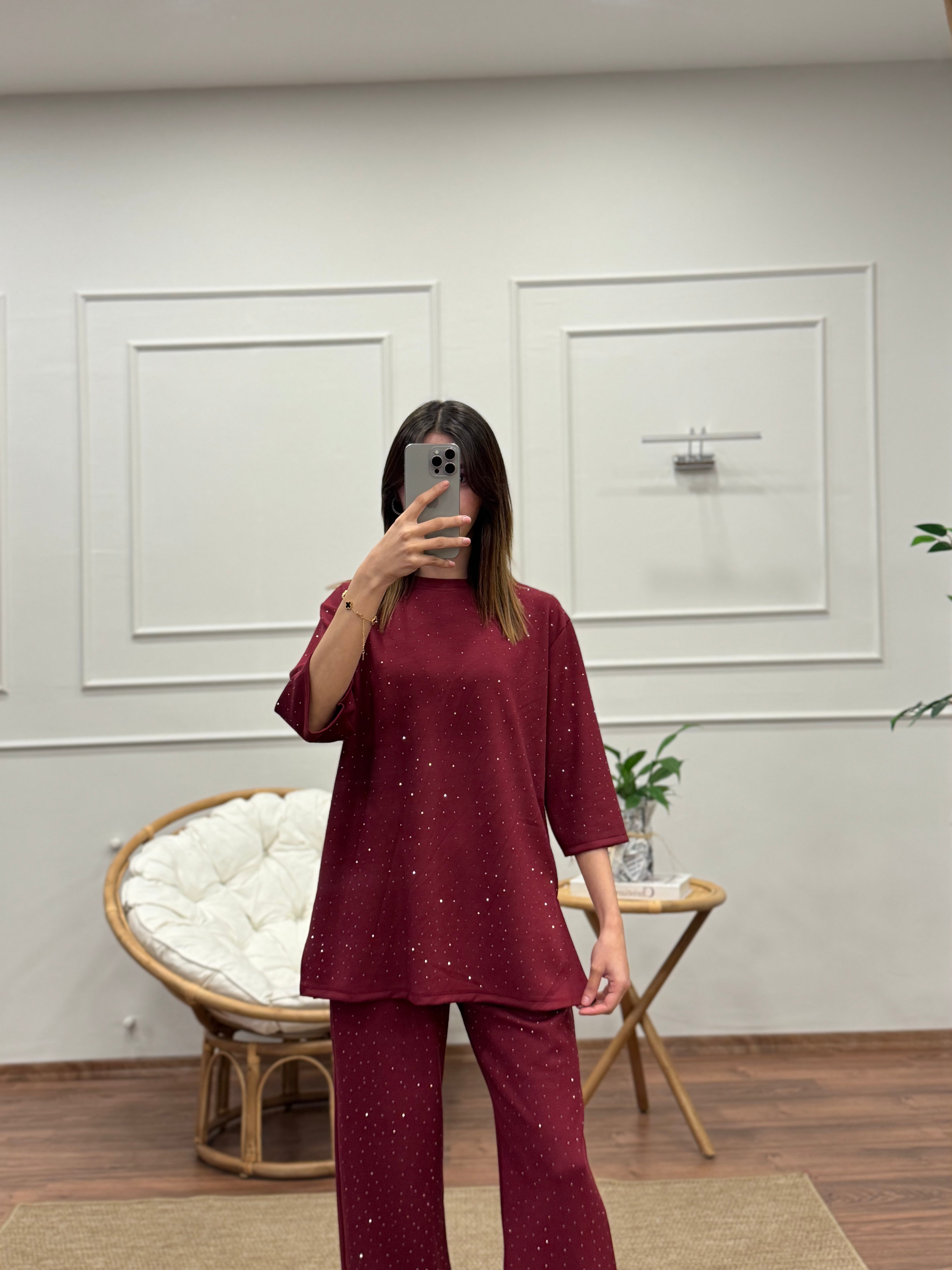 Oys Taş Baskı Bordo Fakir Kol Bluz Pantolon Takım