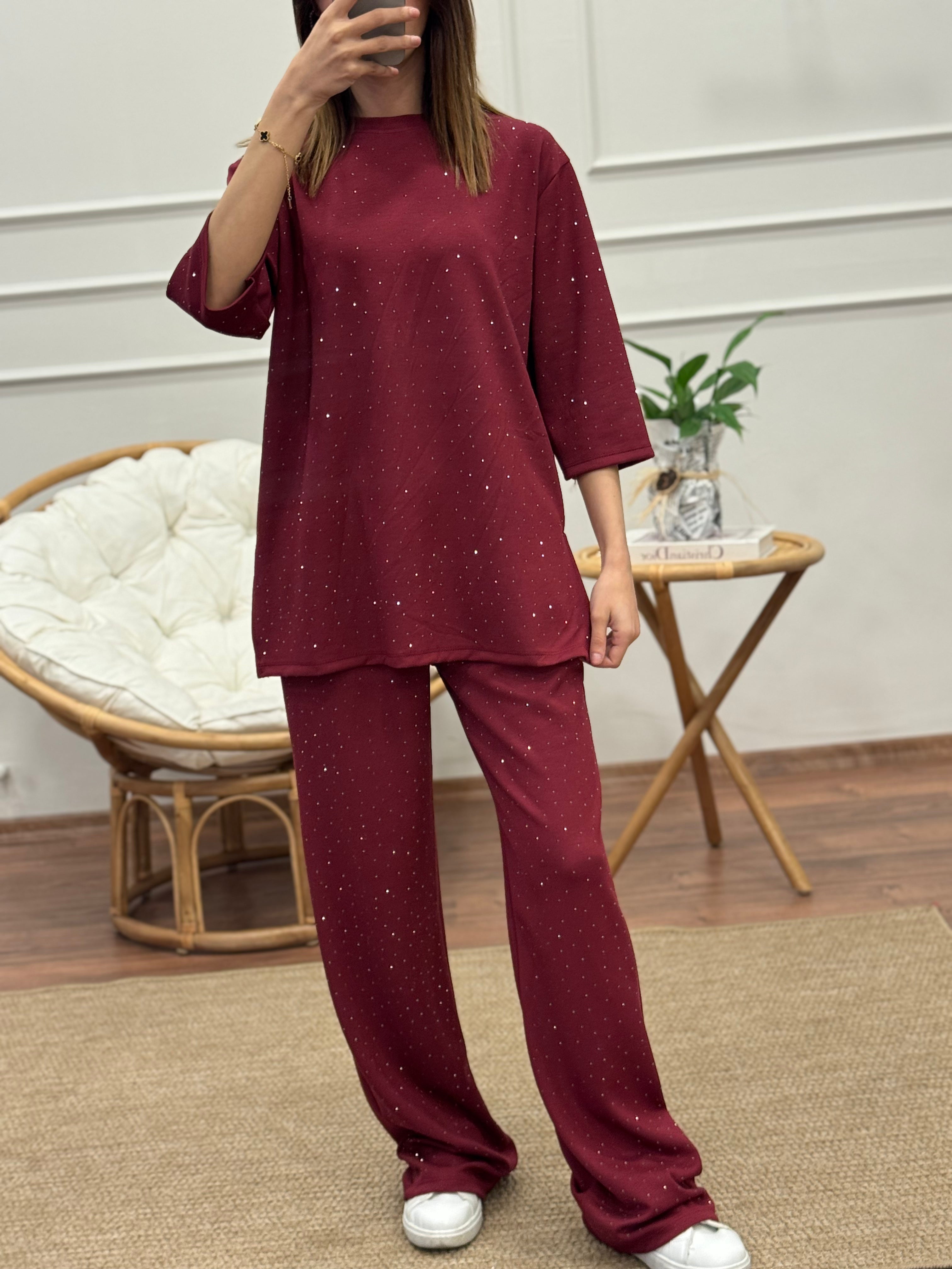 Oys Taş Baskı Bordo Fakir Kol Bluz Pantolon Takım