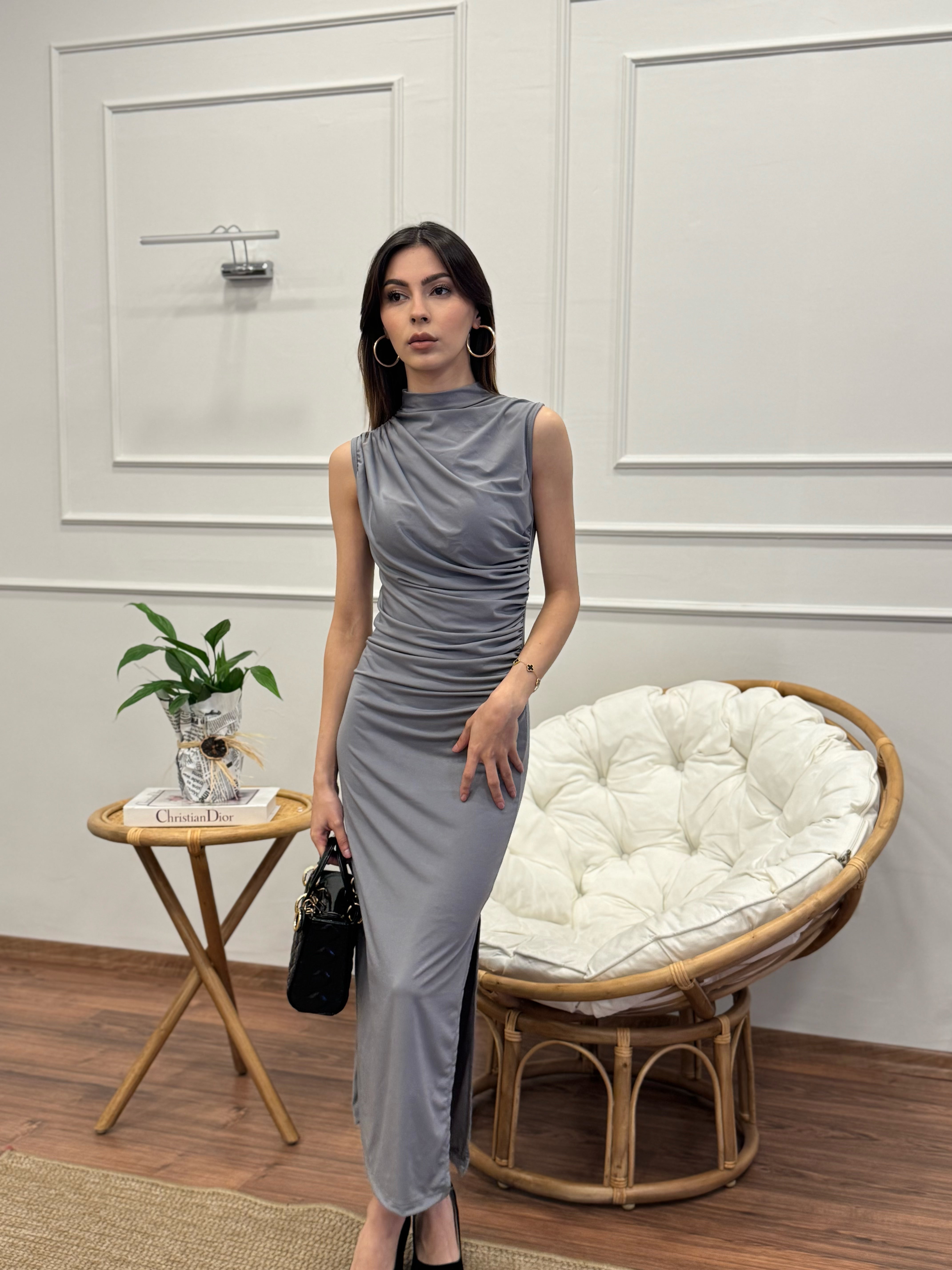 Elegance Omuz ve Bel Drape Detay Gri Elbise