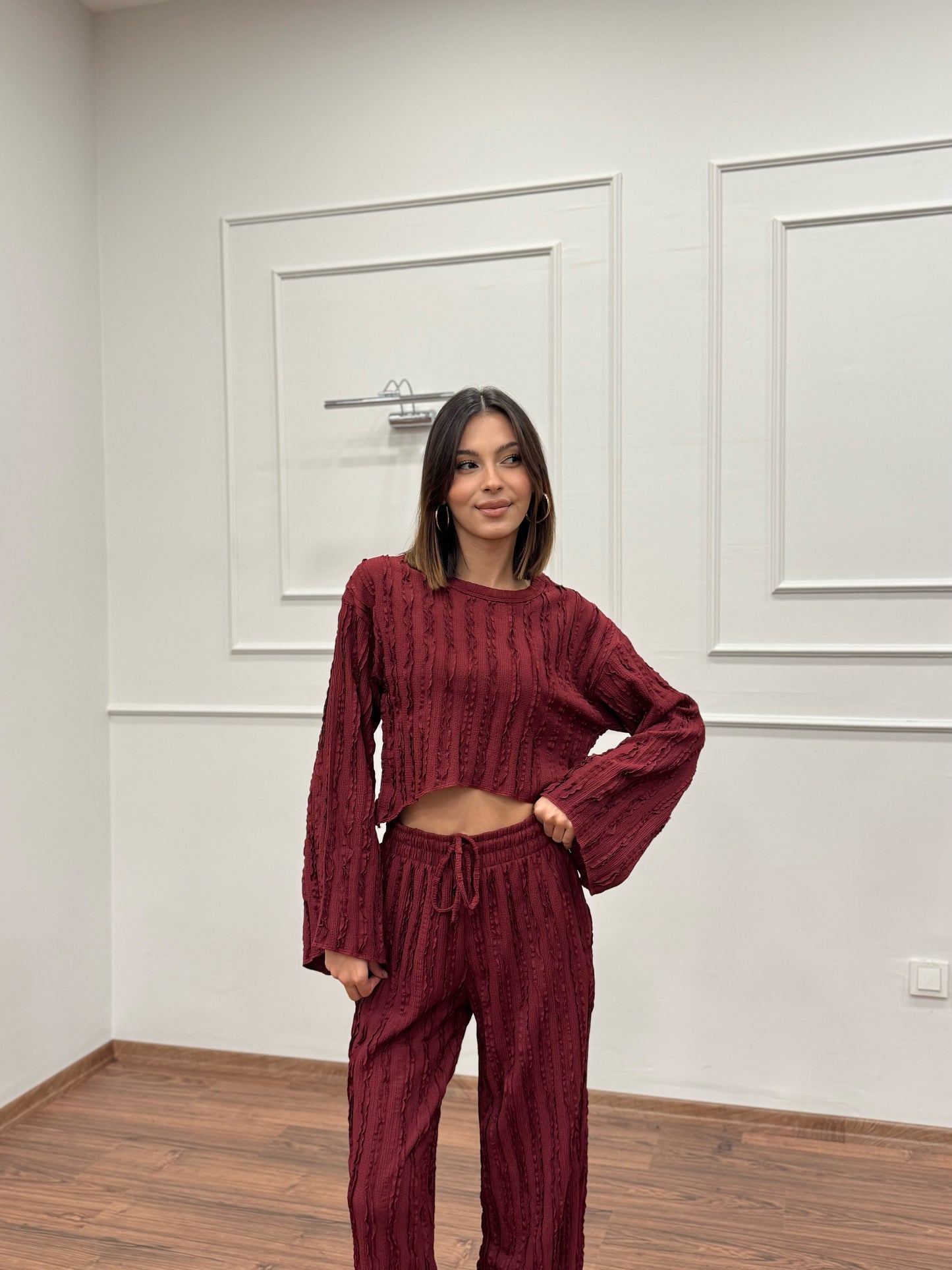 Henna İspanyol Crop Pantolon Bordo Takım