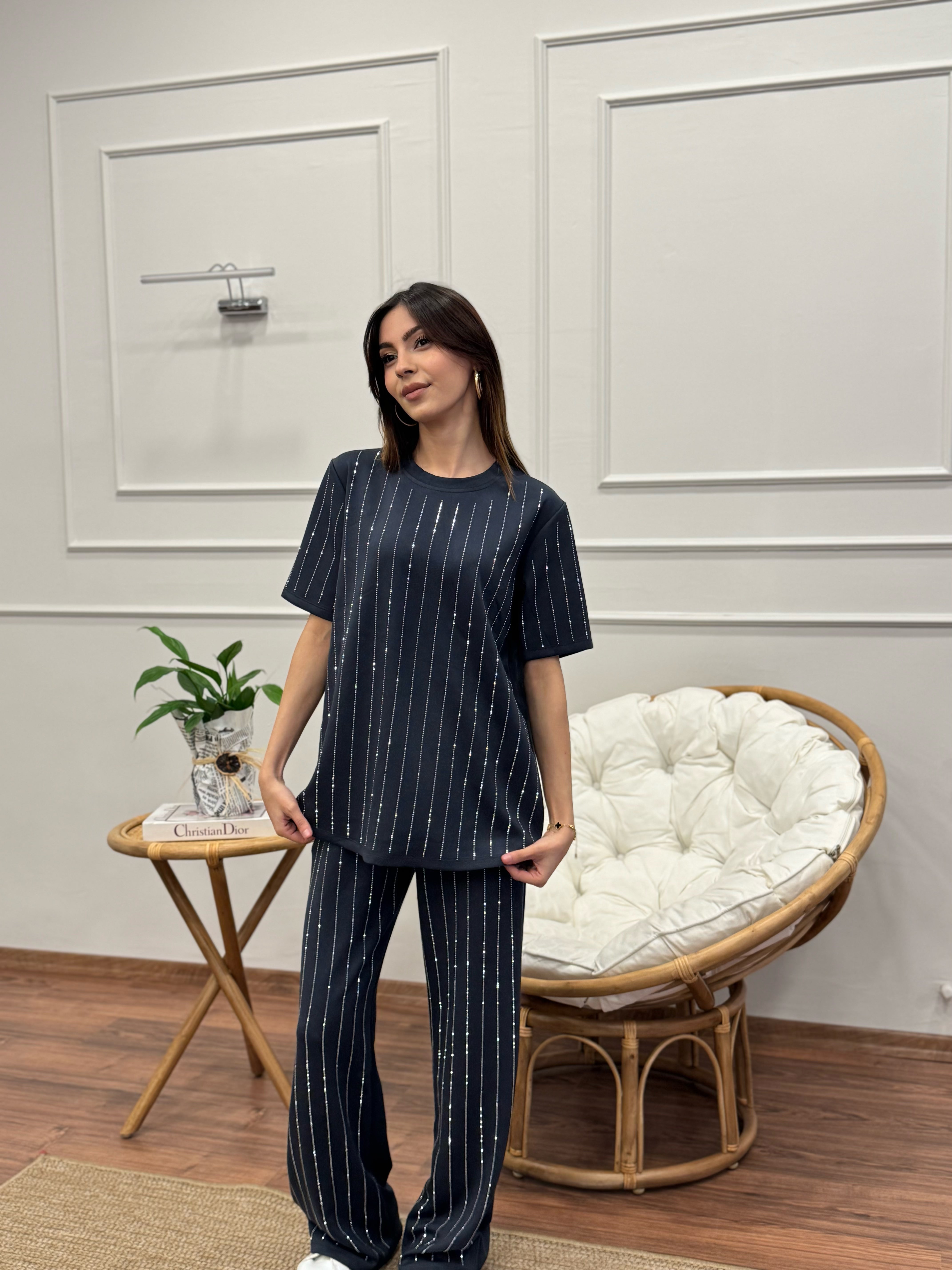 Oys Çizgi Desen Taş Baskı Antrasit Bluz Pantolon Takım