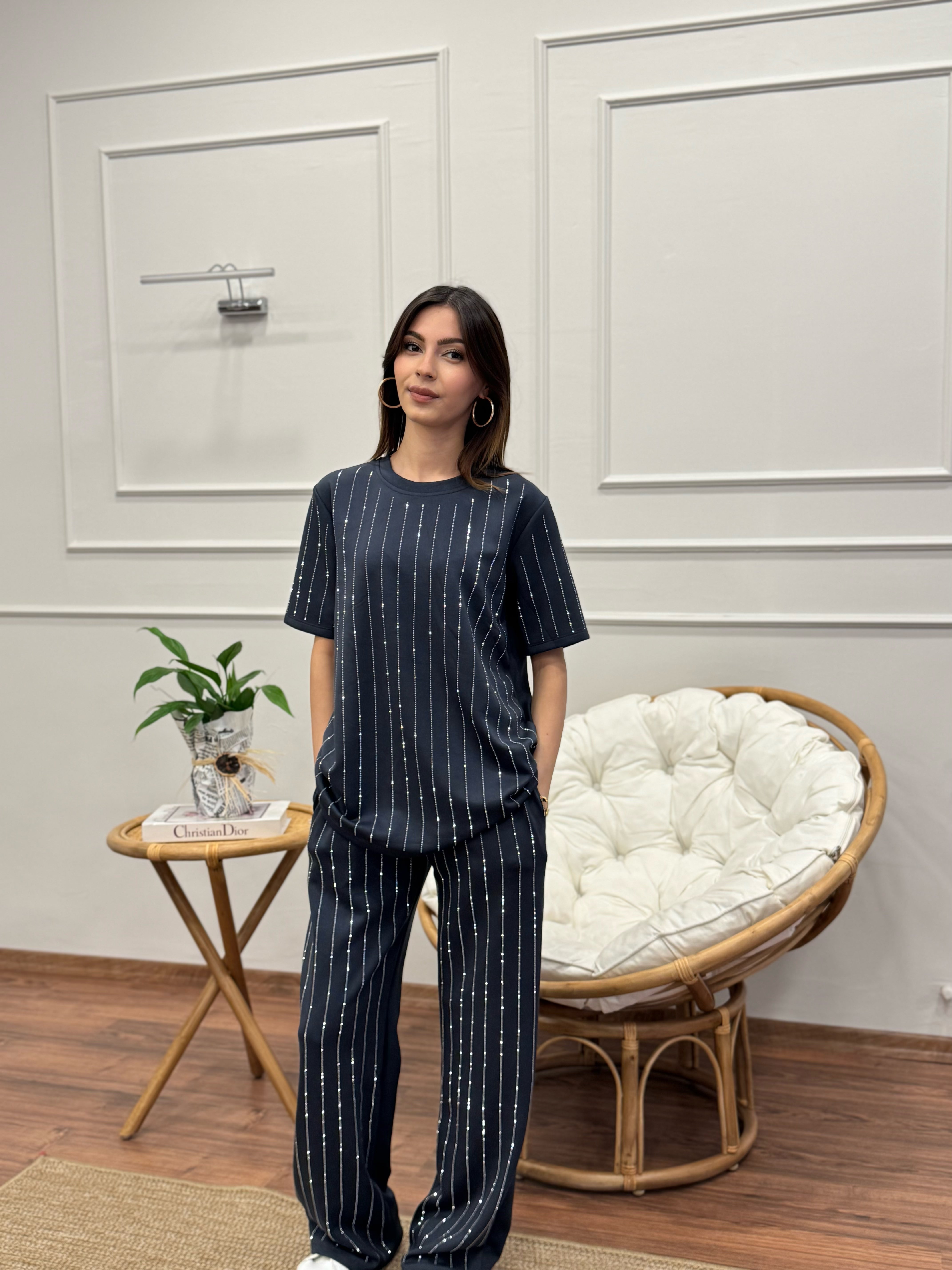 Oys Çizgi Desen Taş Baskı Antrasit Bluz Pantolon Takım