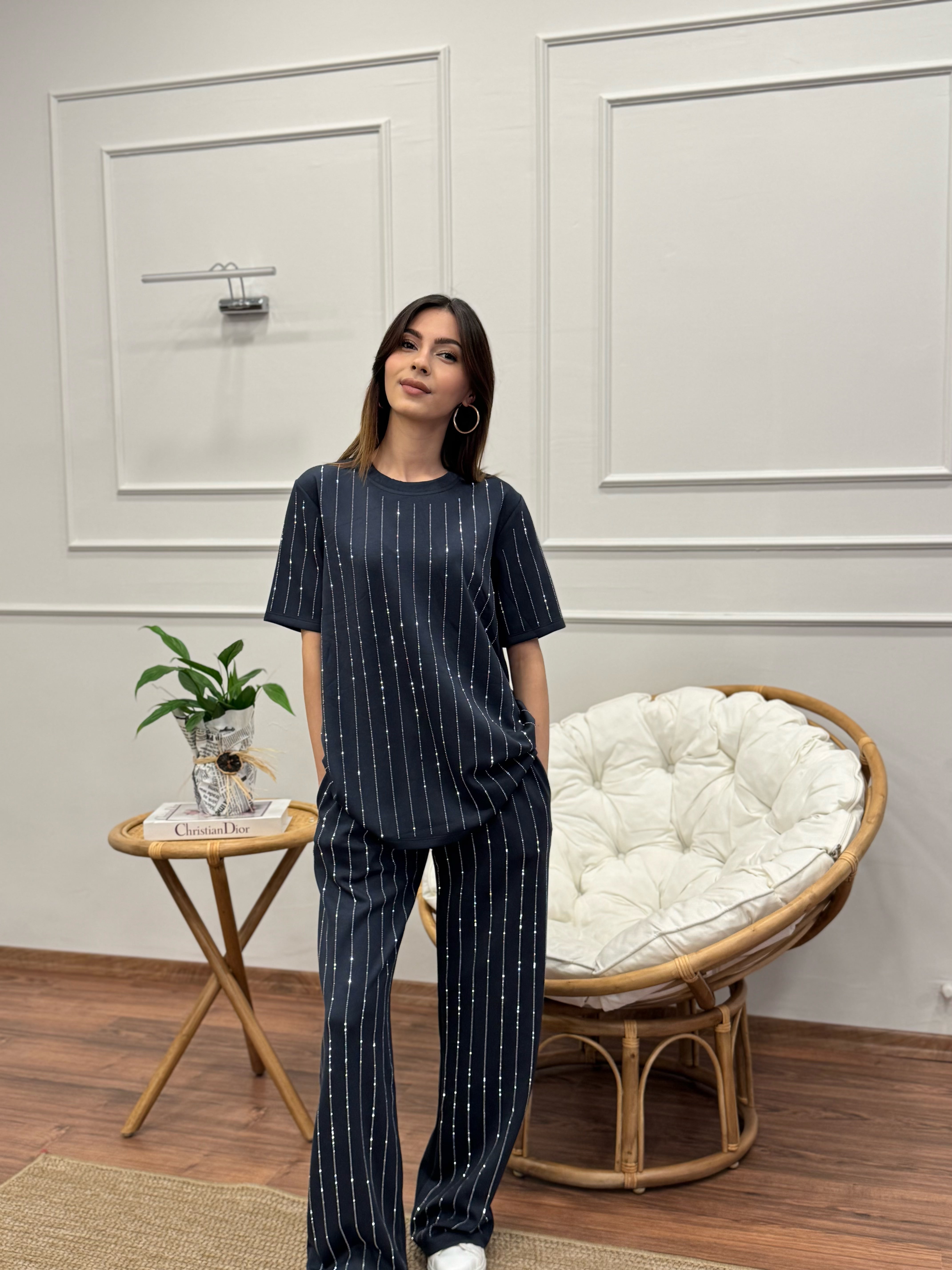 Oys Çizgi Desen Taş Baskı Antrasit Bluz Pantolon Takım