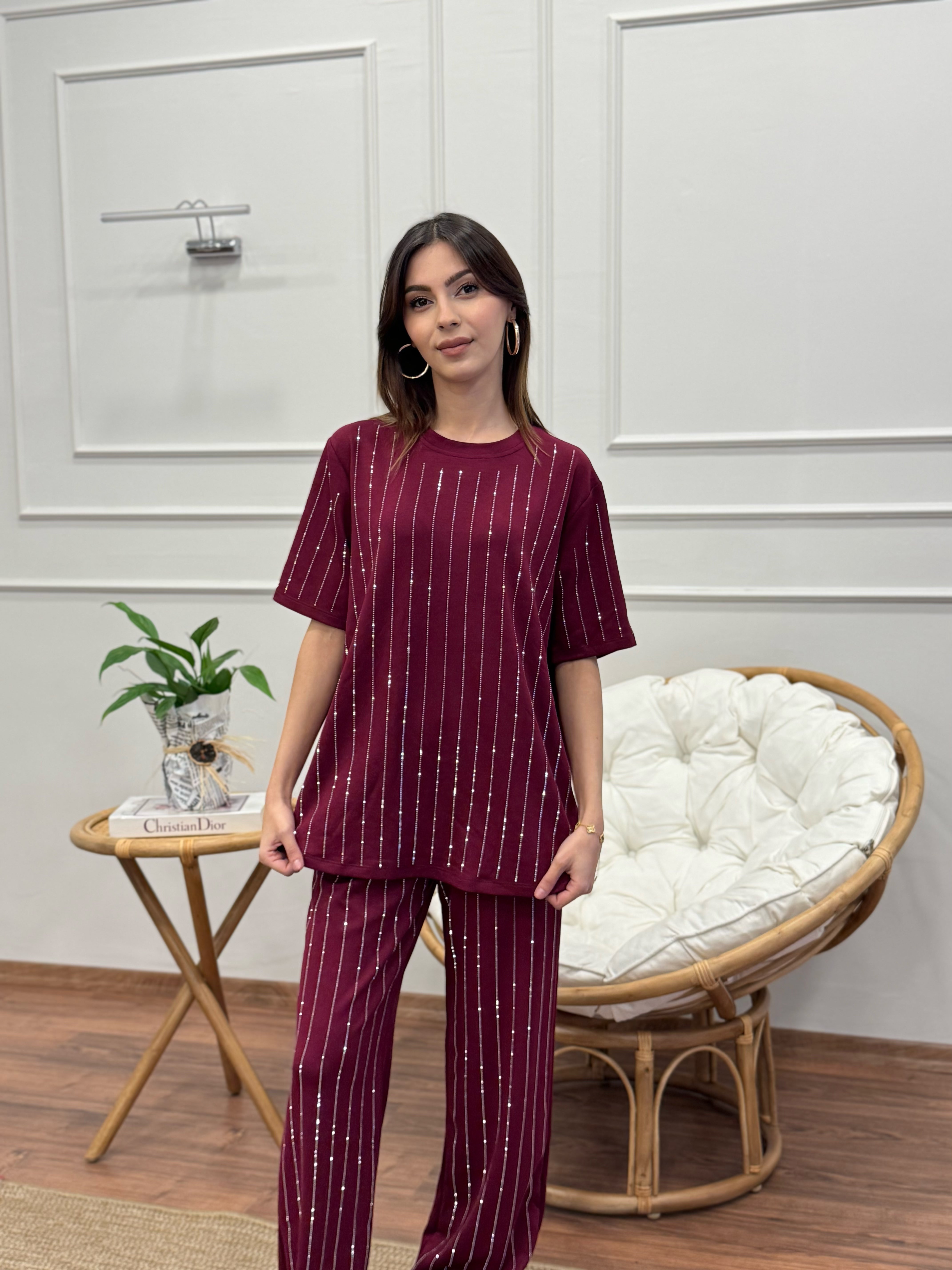 Oys Çizgi Desen Taş Baskı Bordo Bluz Pantolon Takım