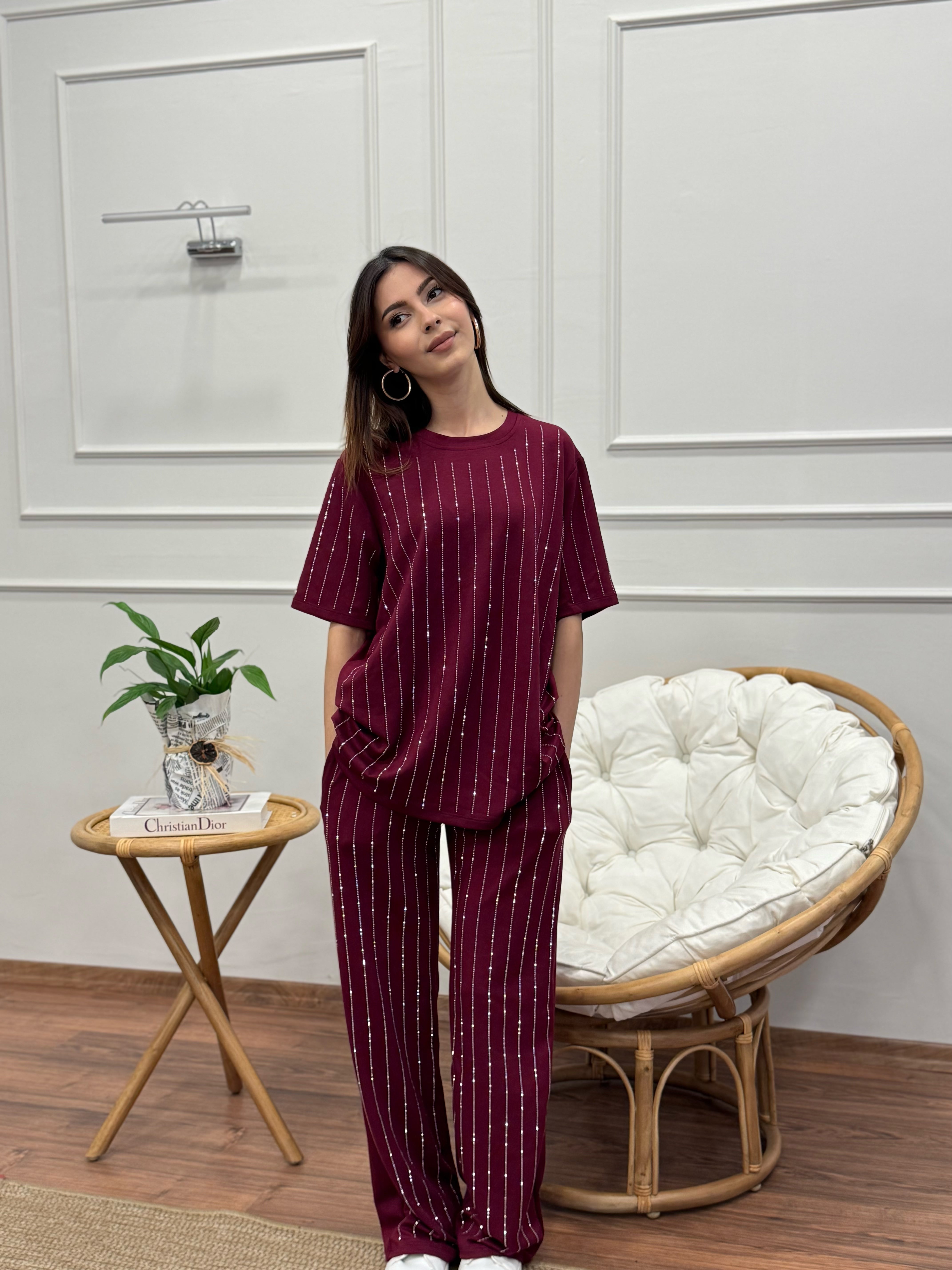 Oys Çizgi Desen Taş Baskı Bordo Bluz Pantolon Takım