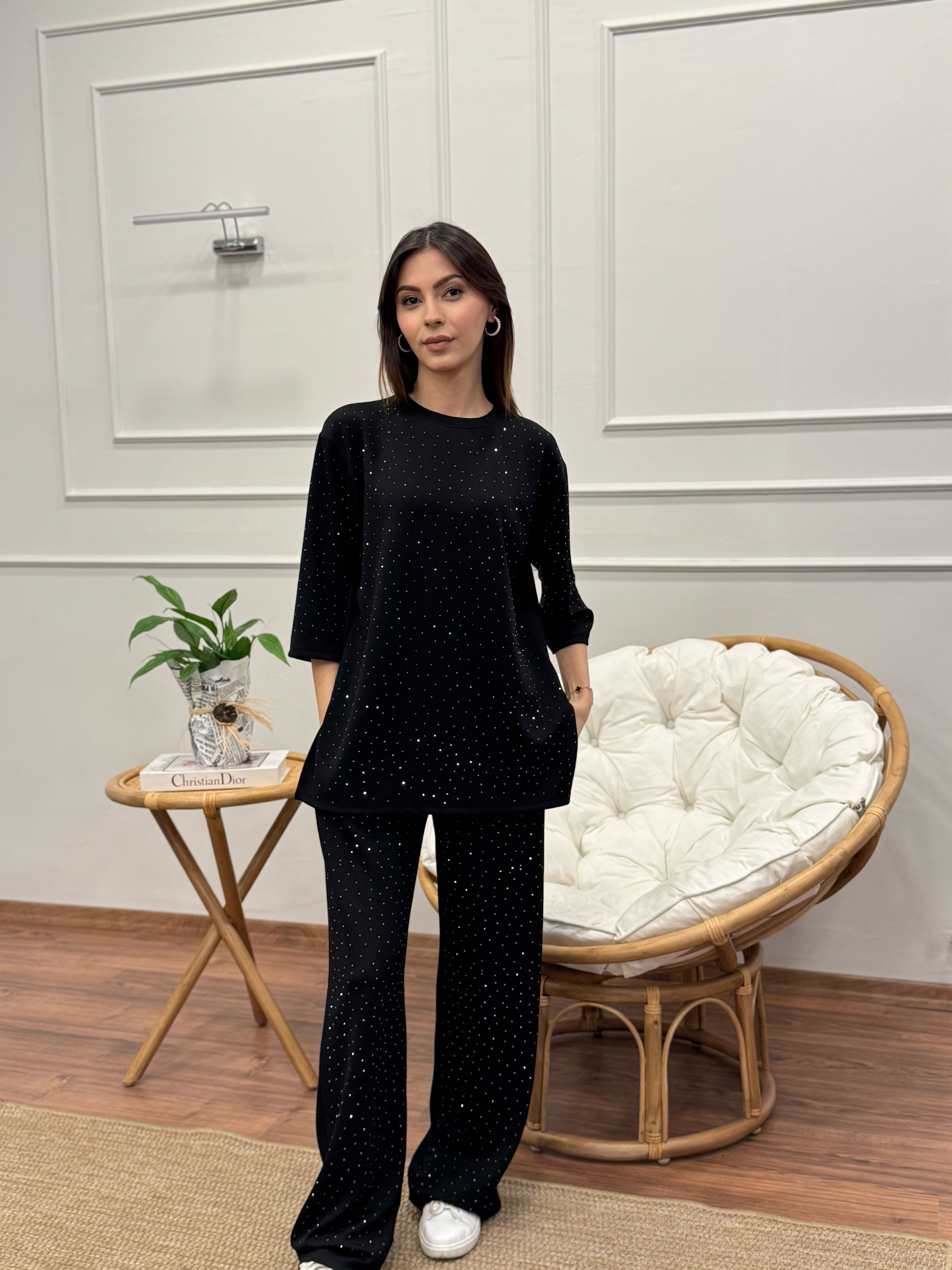 Oys Taş Baskı Siyah Fakir Kol Bluz Pantolon Takım