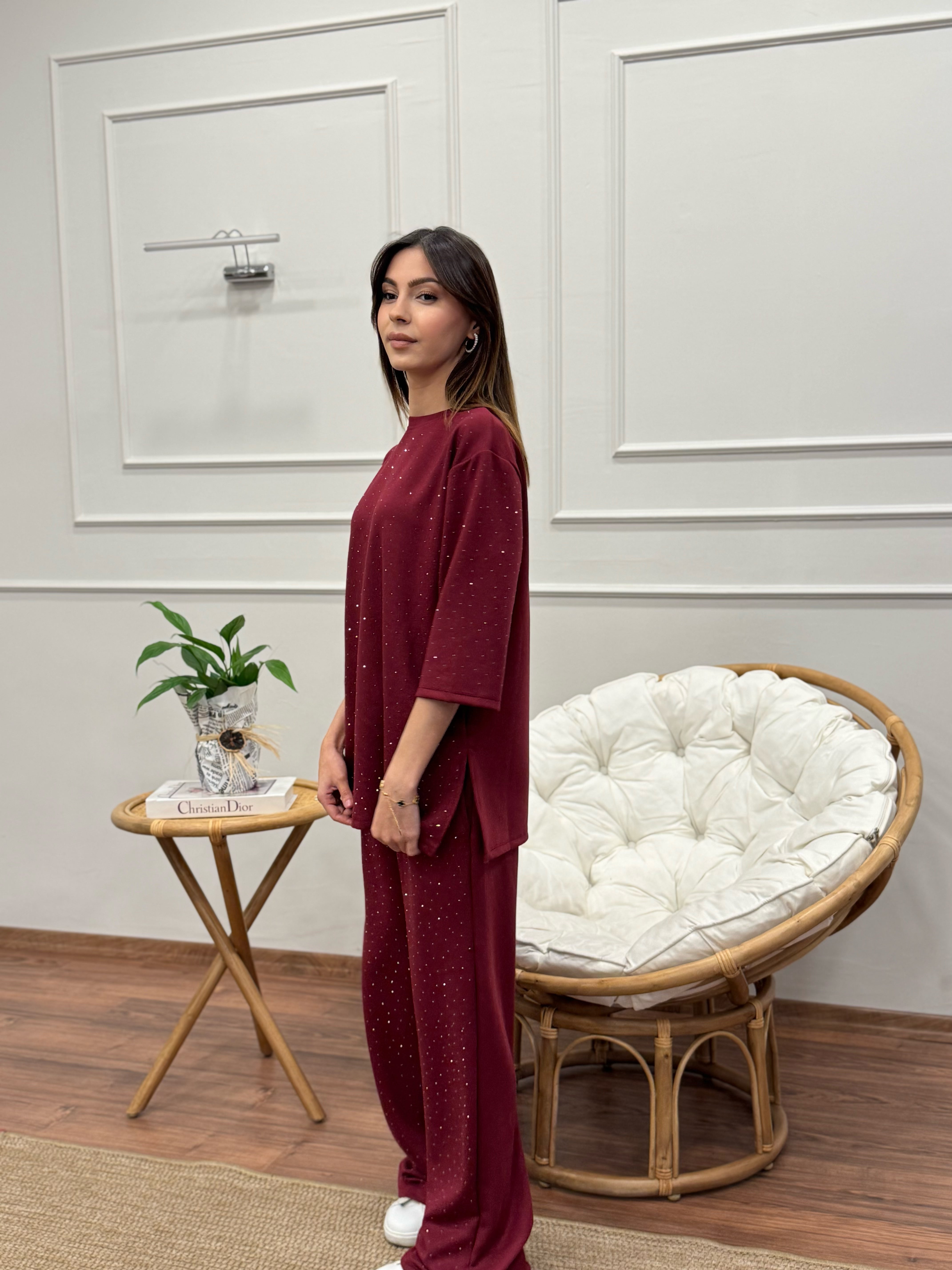 Oys Taş Baskı Bordo Fakir Kol Bluz Pantolon Takım