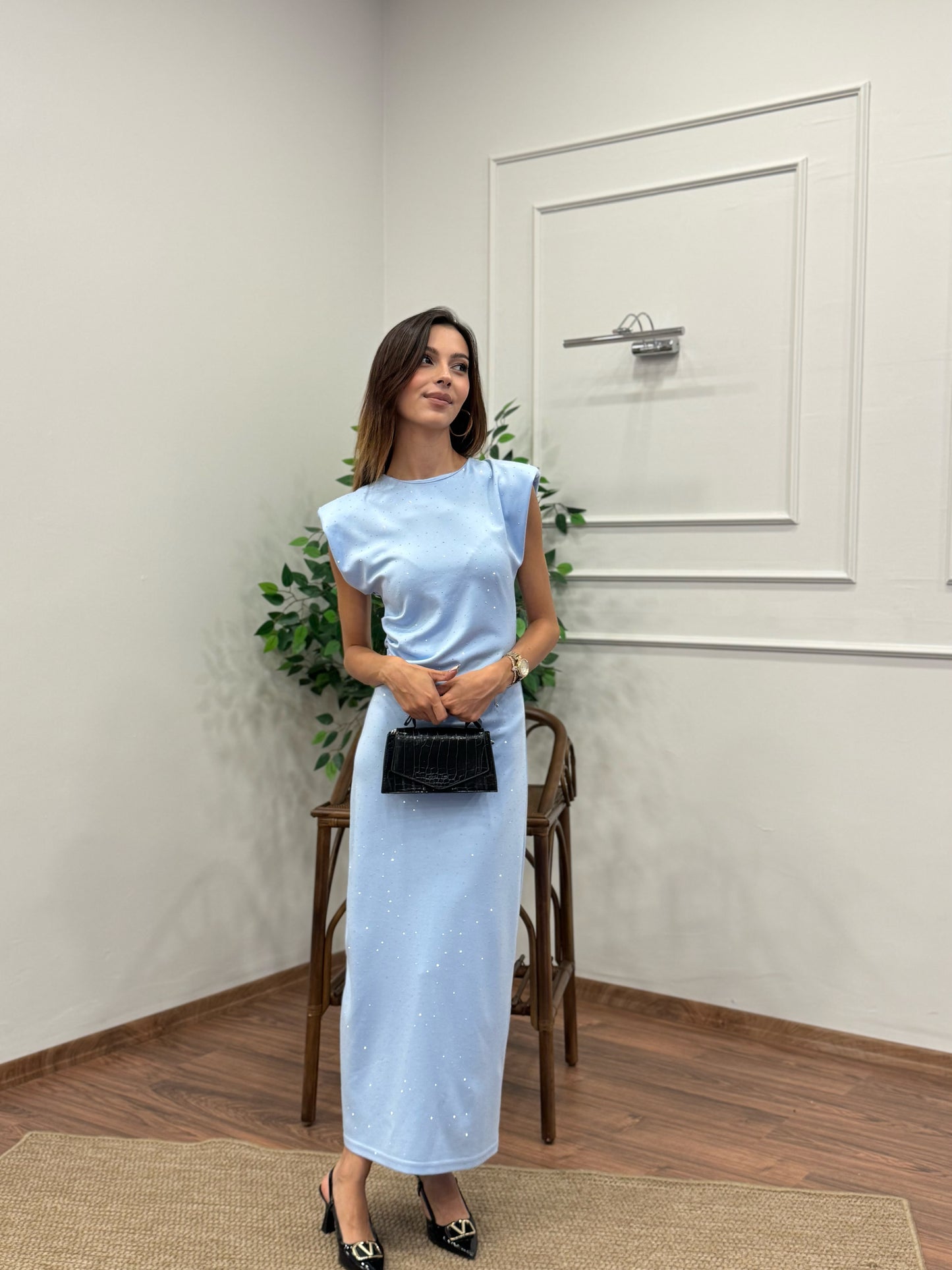 Taş Baskı Drape Detay Omuz Vatkalı Bebe Mavi Elbise