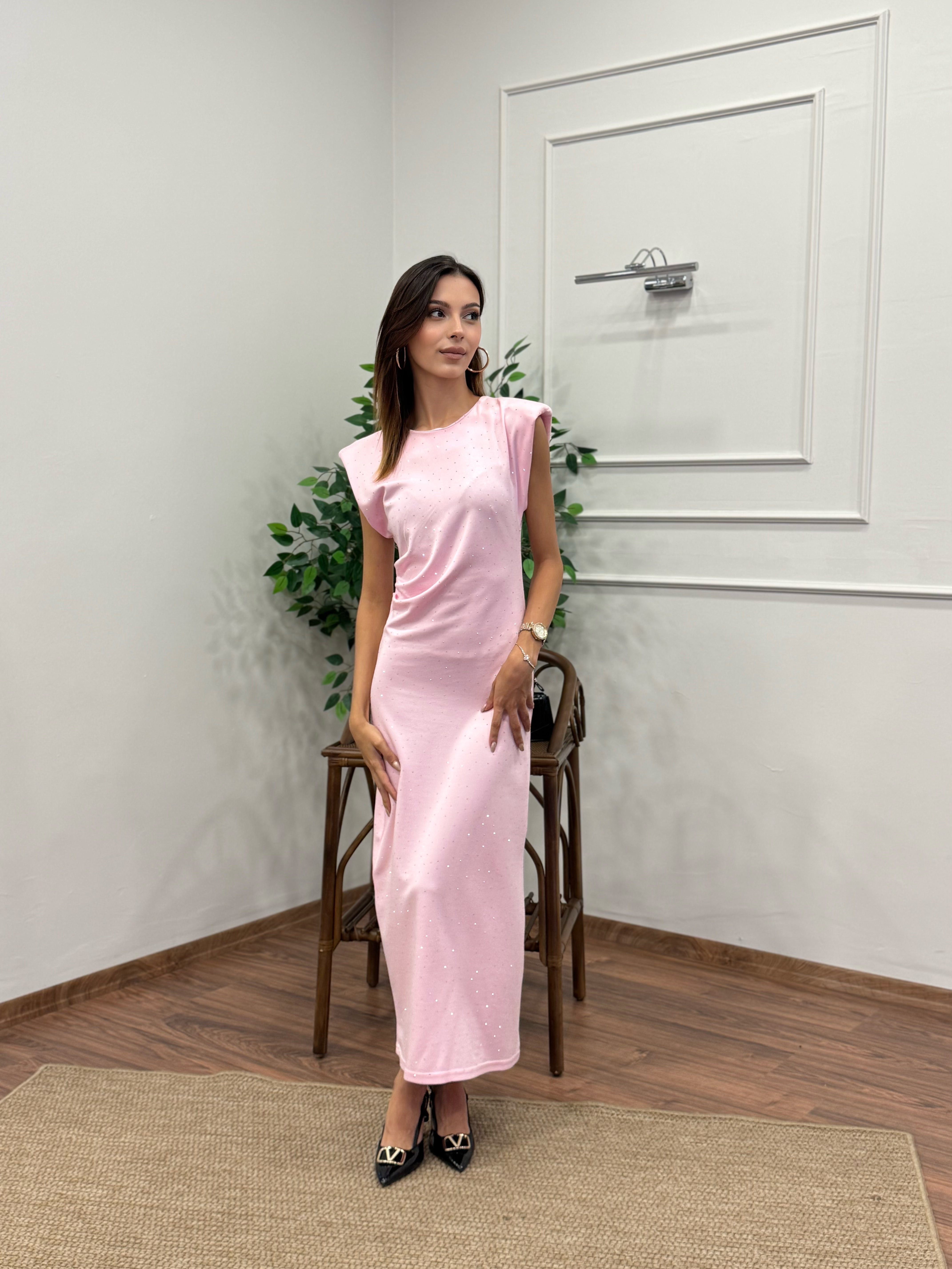 Taş Baskı Drape Detay Omuz Vatkalı Pembe Elbise