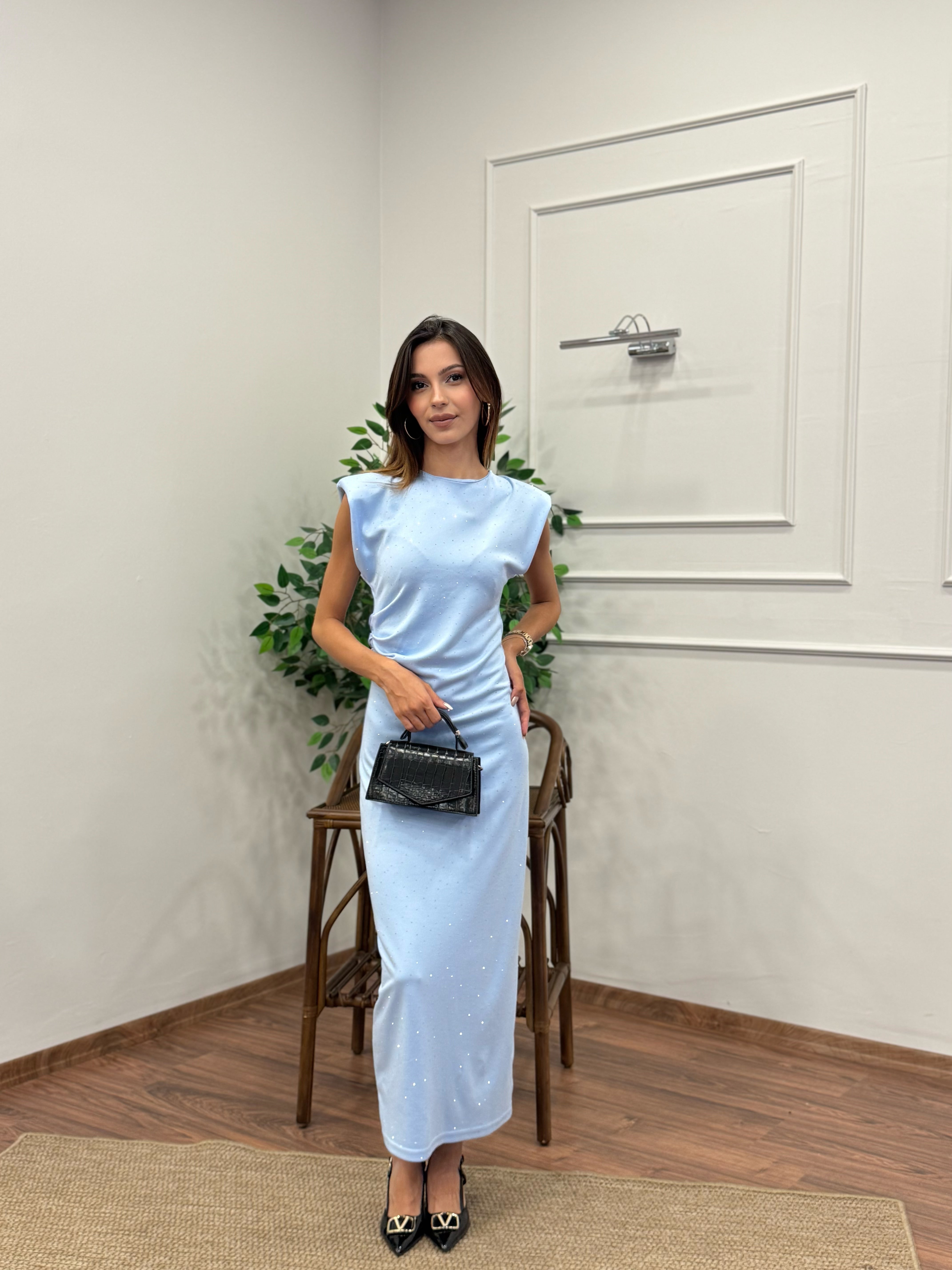 Taş Baskı Drape Detay Omuz Vatkalı Bebe Mavi Elbise