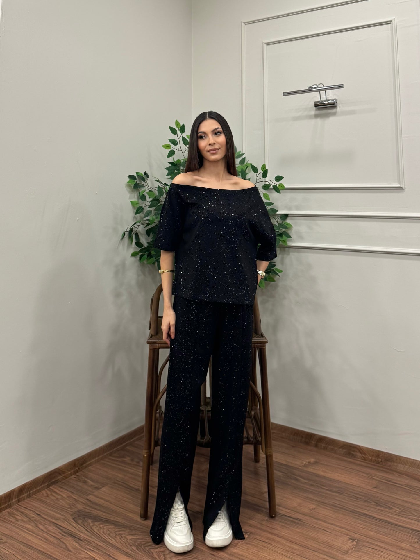 Glam Simli Tek Omuz Siyah Takım