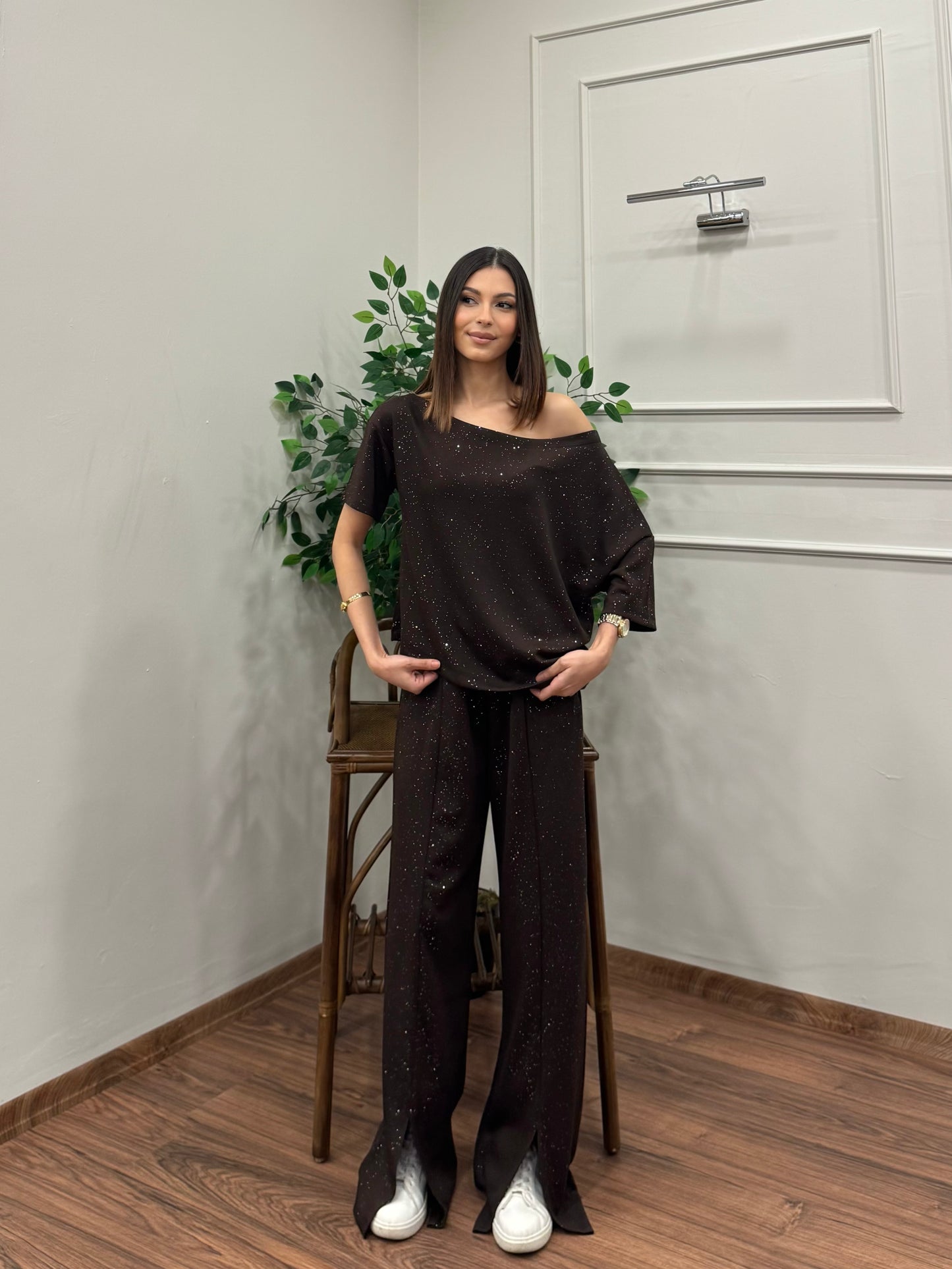 Glam Simli Tek Omuz Kahverengi Takım
