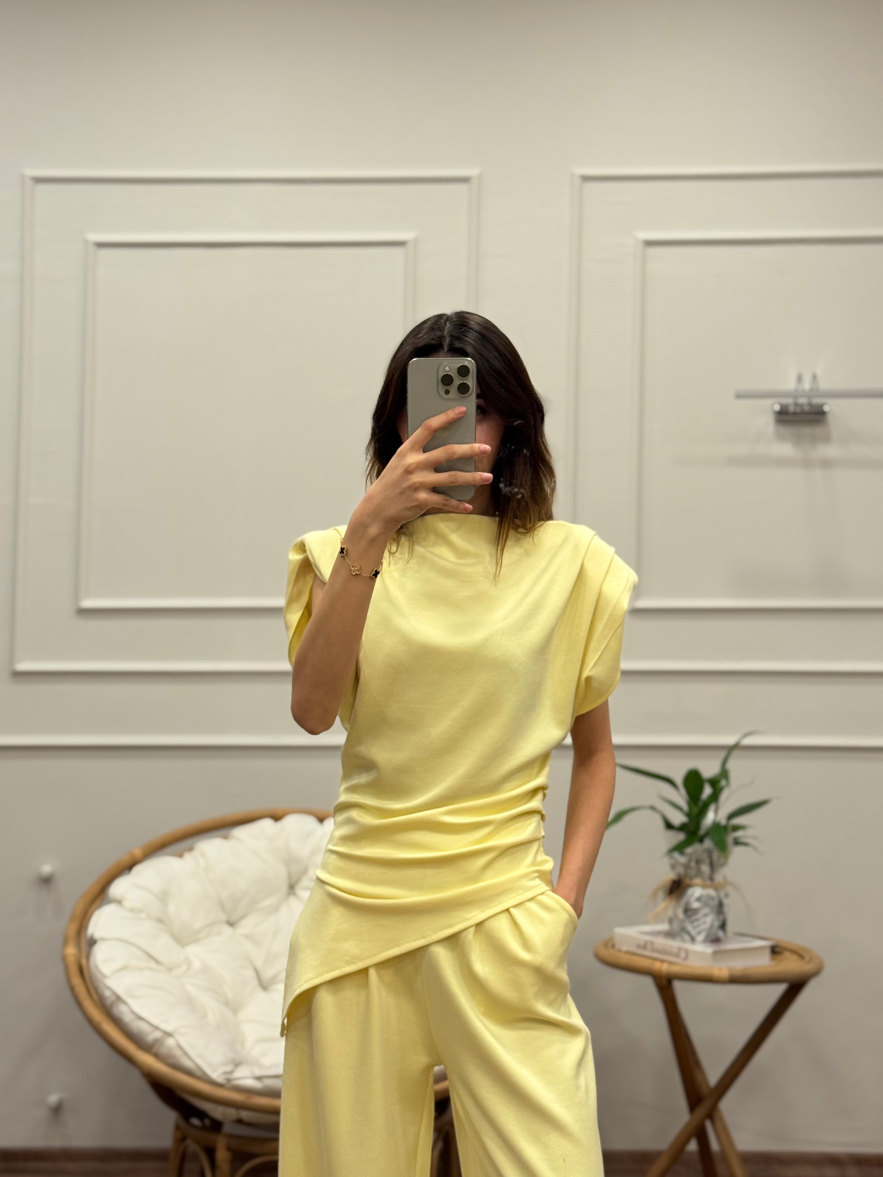 Stella Özel Tasarım İspanyol Pantolon Bluz Sarı Takım