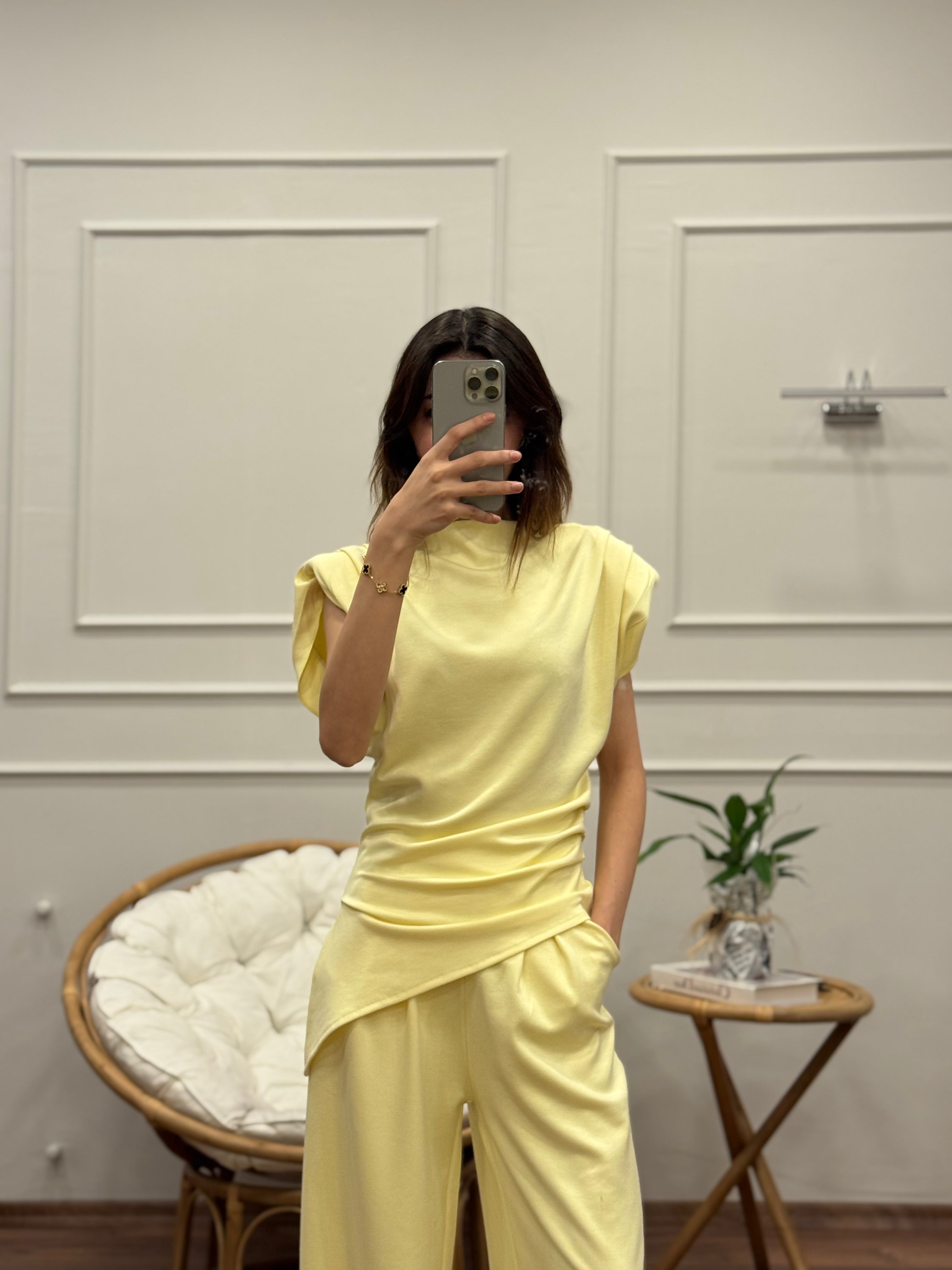 Stella Özel Tasarım İspanyol Pantolon Bluz Sarı Takım