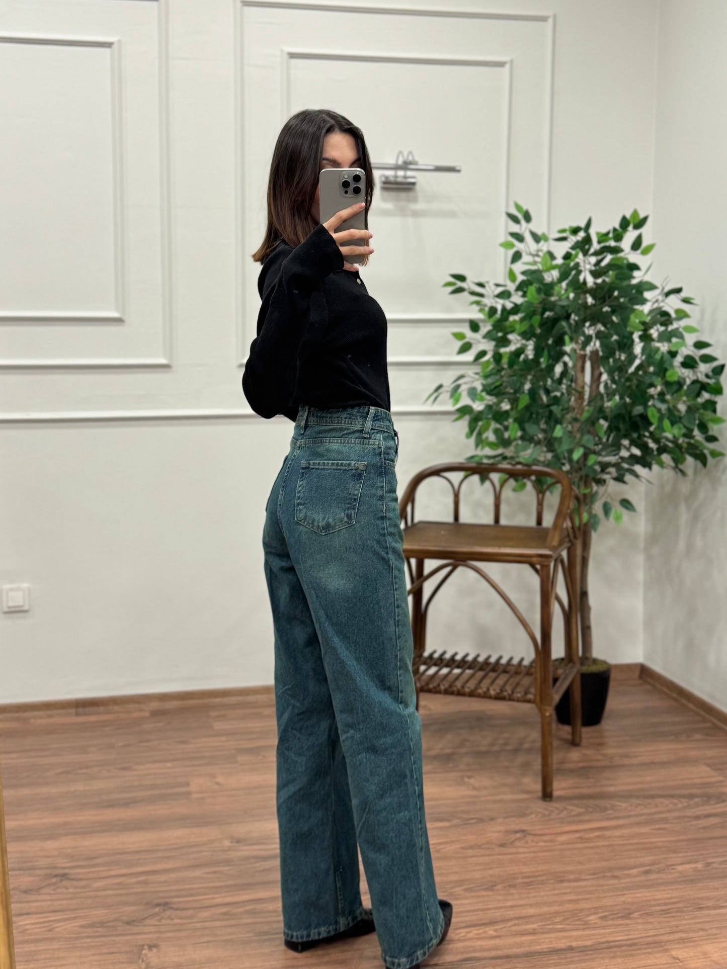 Wide Leg Yeşil Yıkamalı Jean