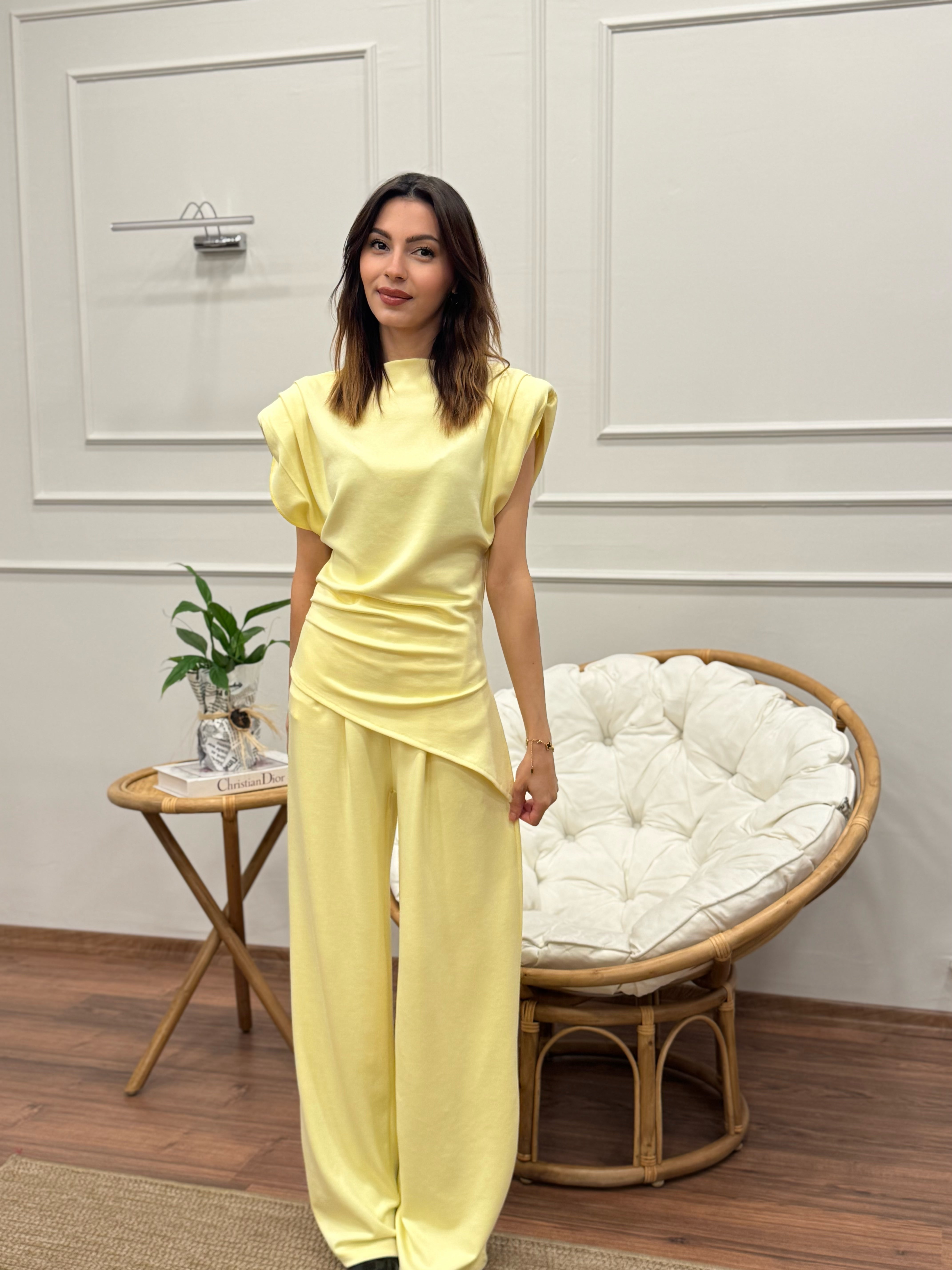 Stella Özel Tasarım İspanyol Pantolon Bluz Sarı Takım