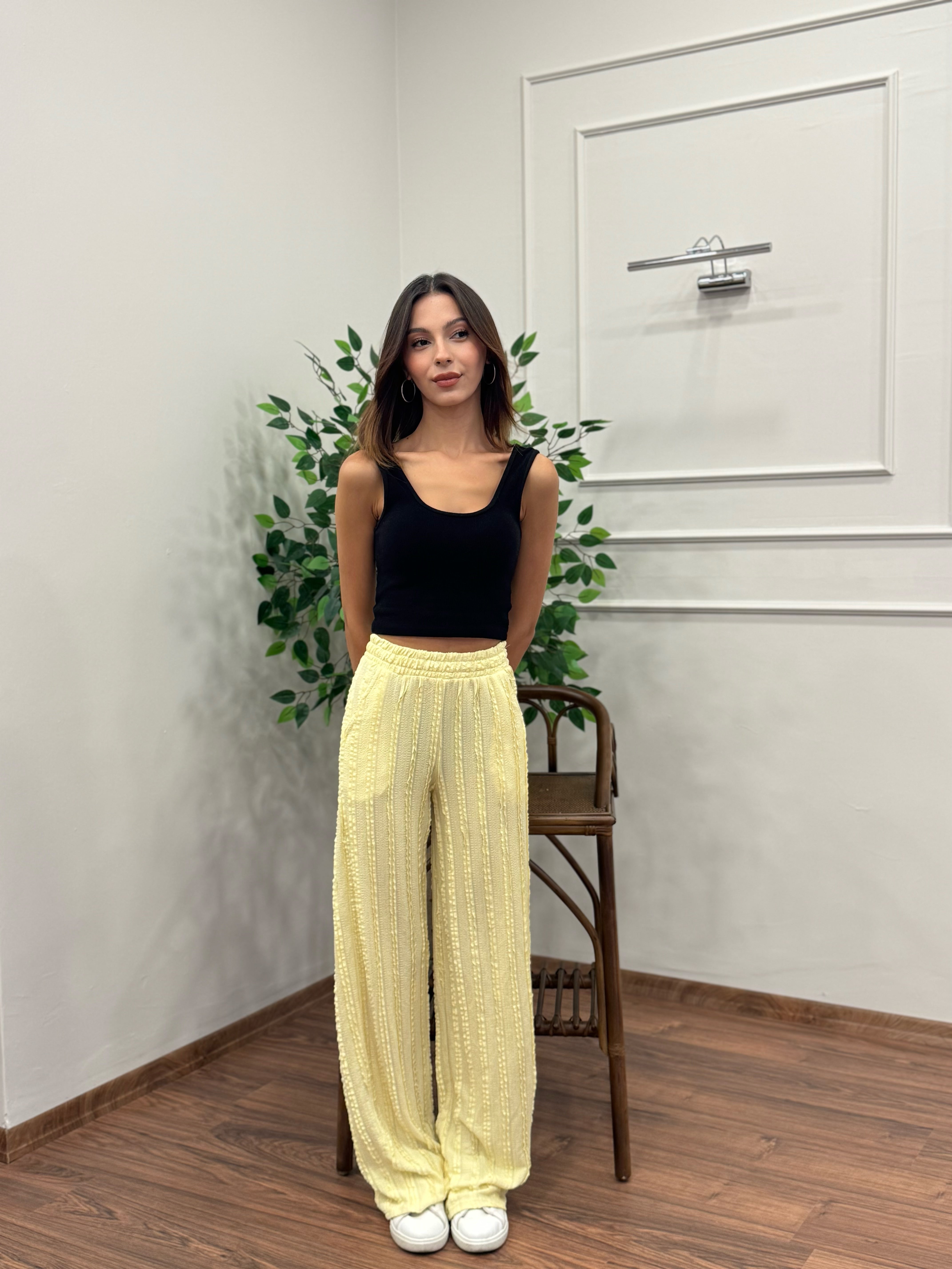 Gagari Kumaş Geniş Kesim Sarı Pantolon