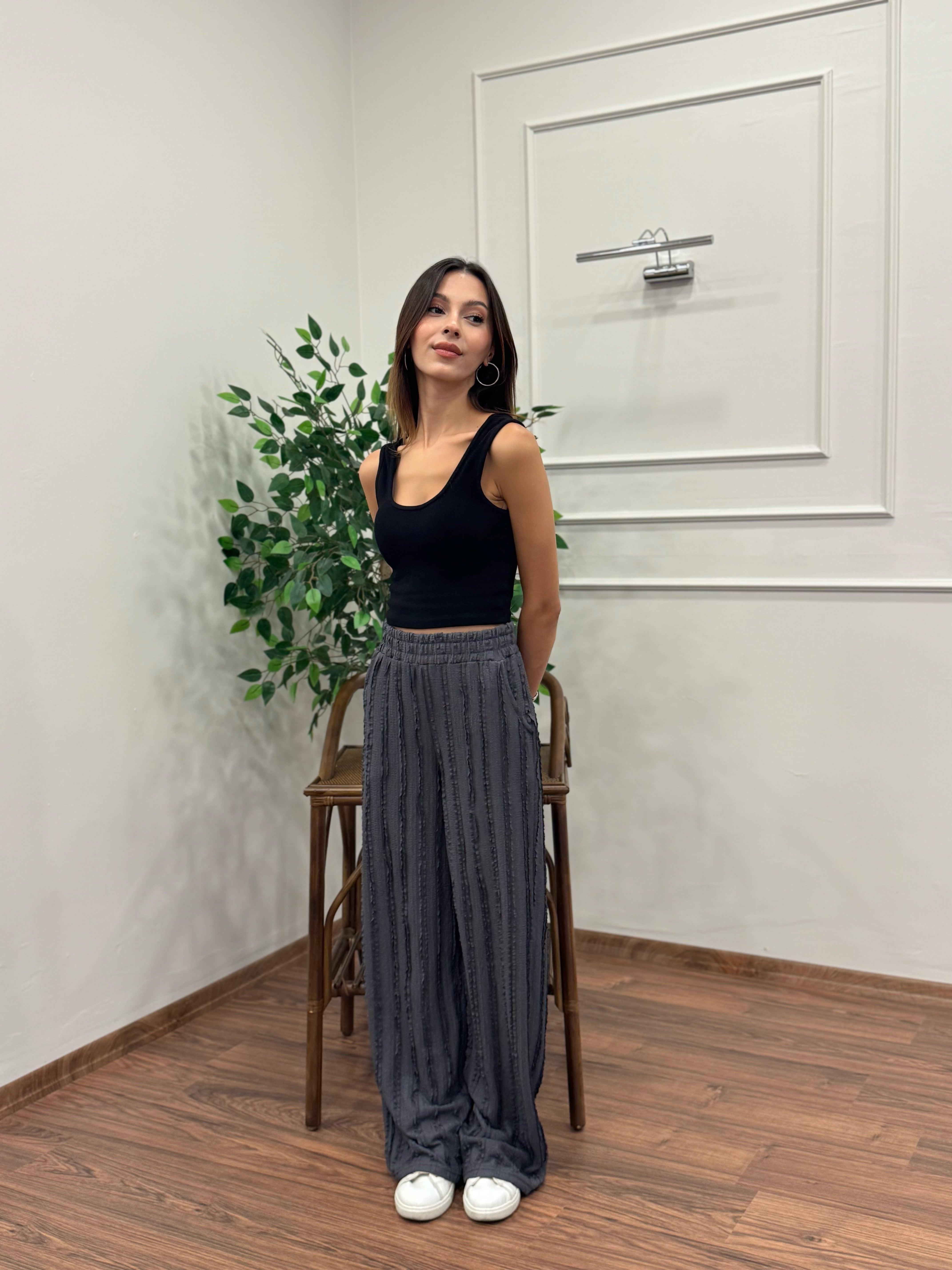 Gagari Kumaş Geniş Kesim Gri Pantolon