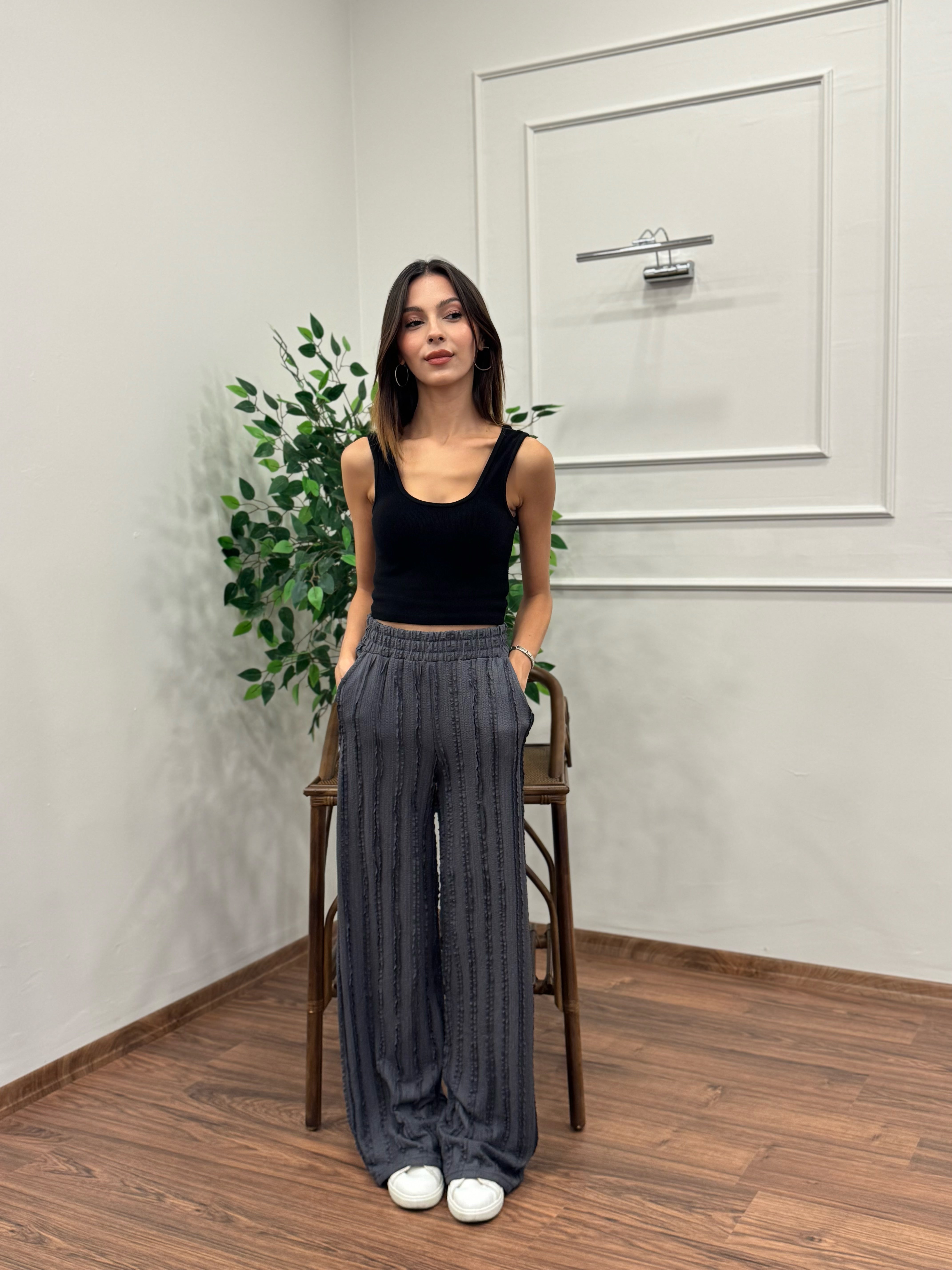 Gagari Kumaş Geniş Kesim Gri Pantolon