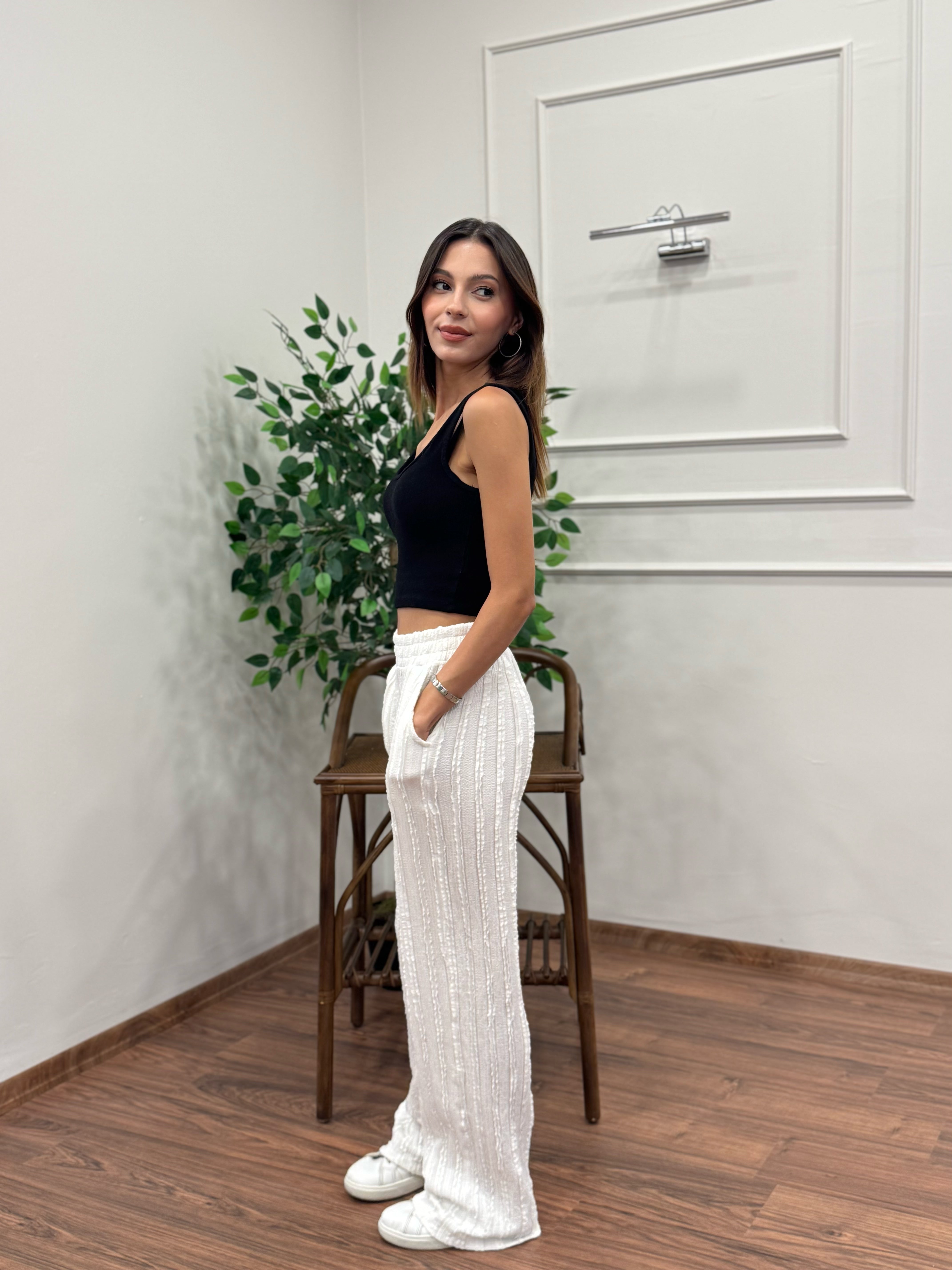 Gagari Kumaş Geniş Kesim Beyaz Pantolon