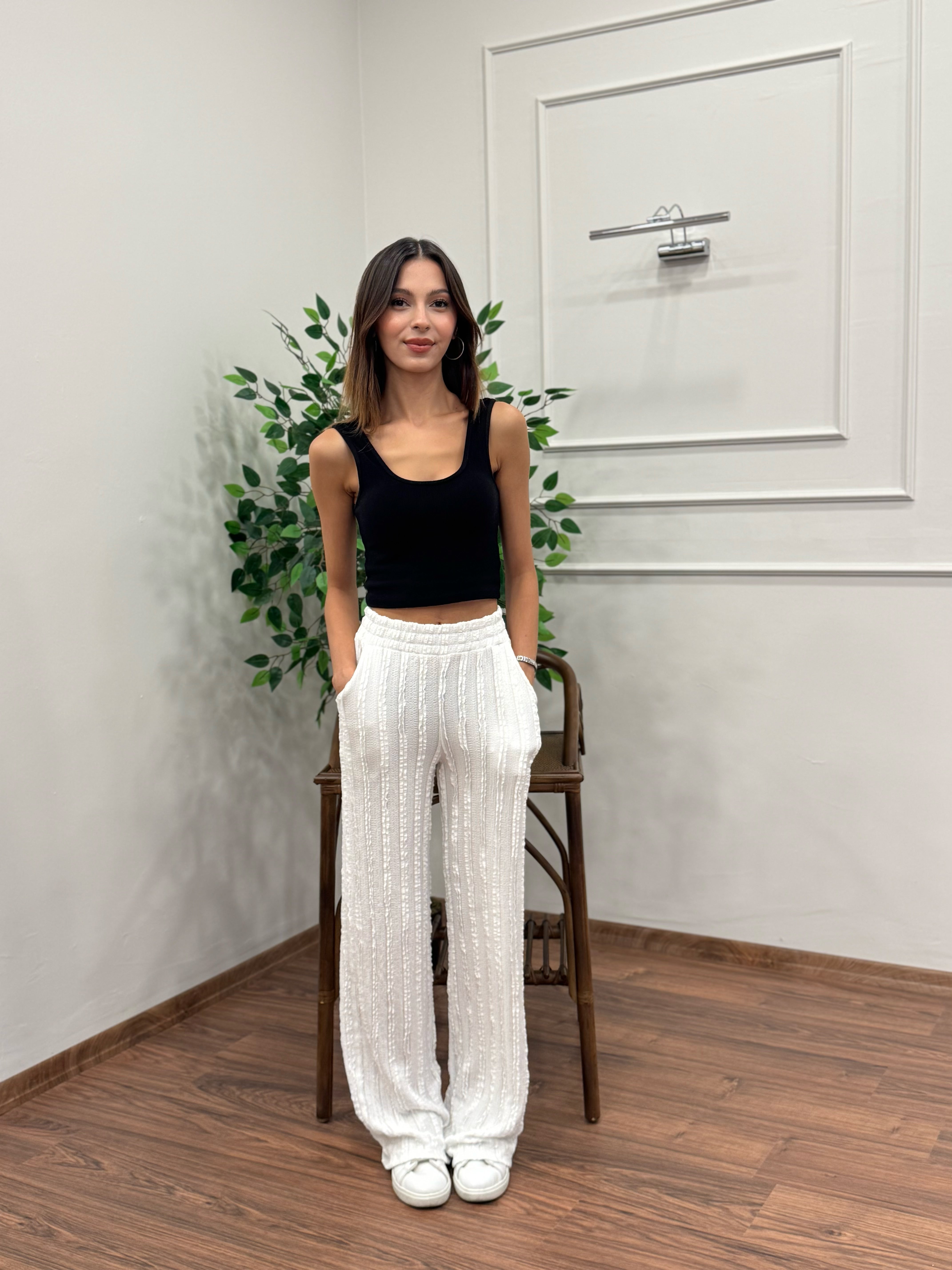 Gagari Kumaş Geniş Kesim Beyaz Pantolon