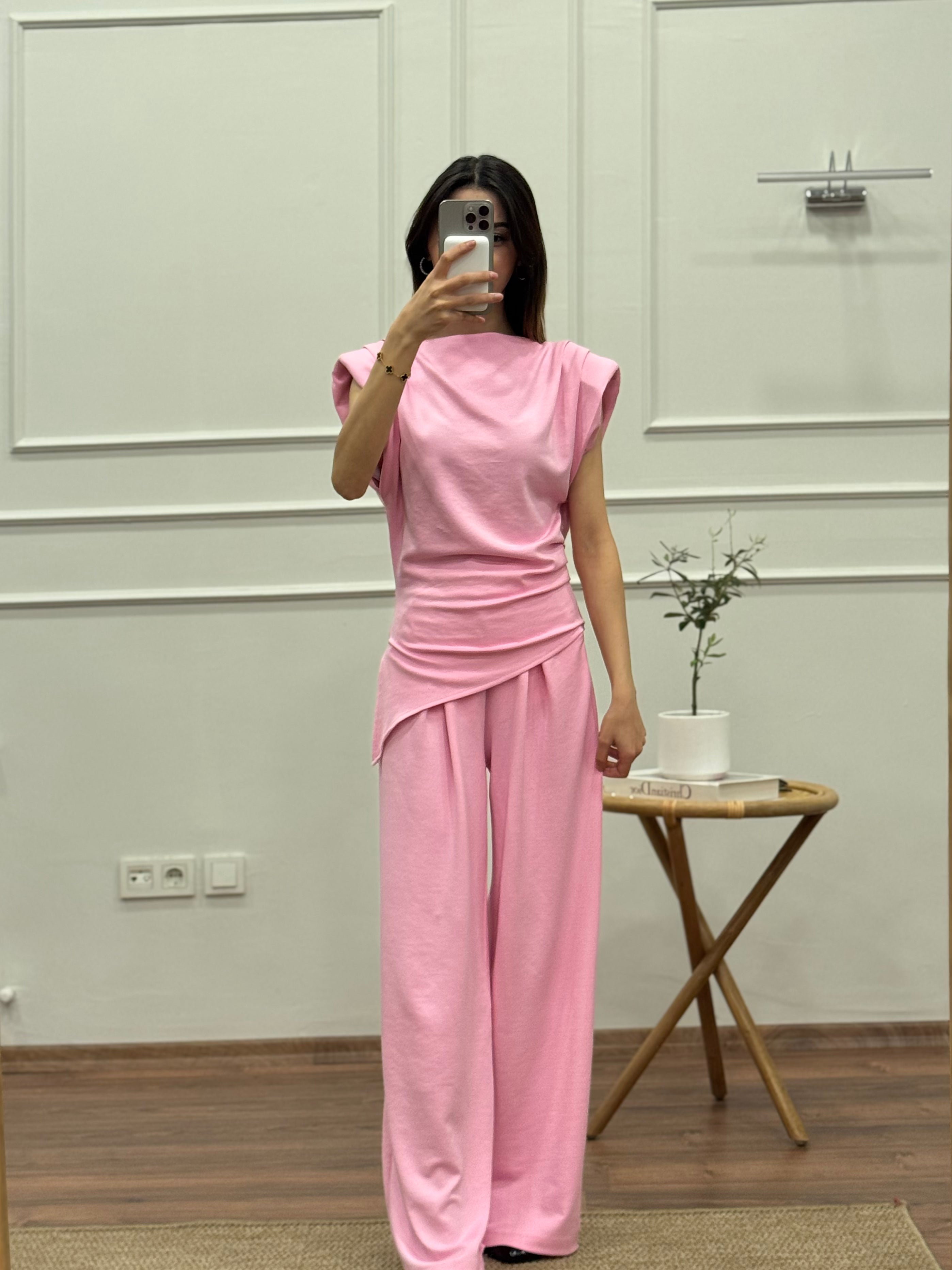 Stella Özel Tasarım İspanyol Pantolon Bluz Toz Pembe Takım