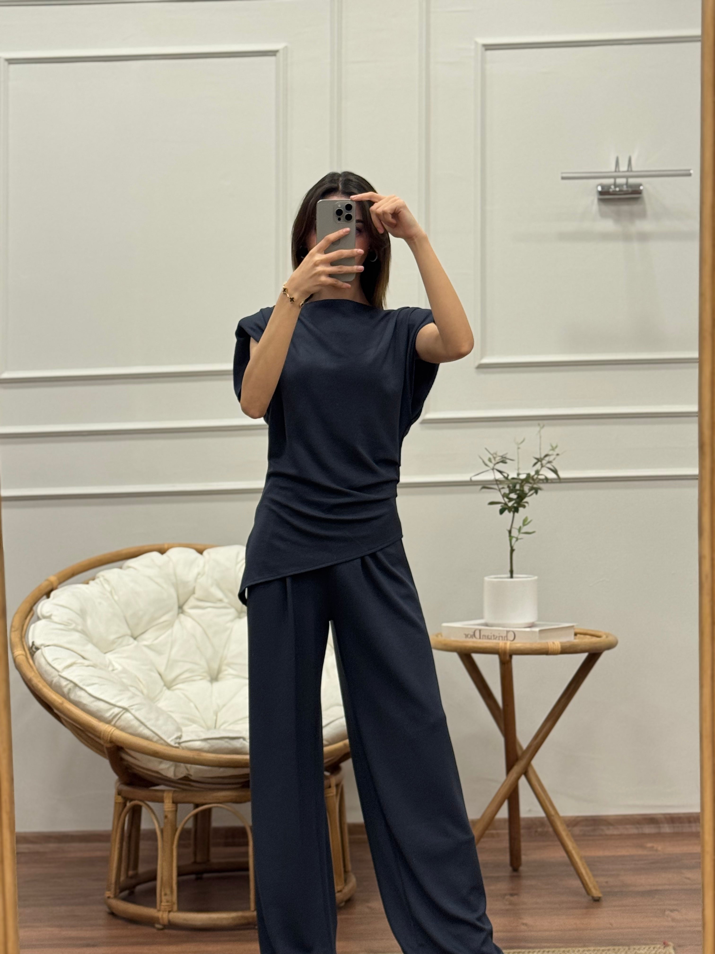 Stella Özel Tasarım İspanyol Pantolon Bluz Antrasit Takım