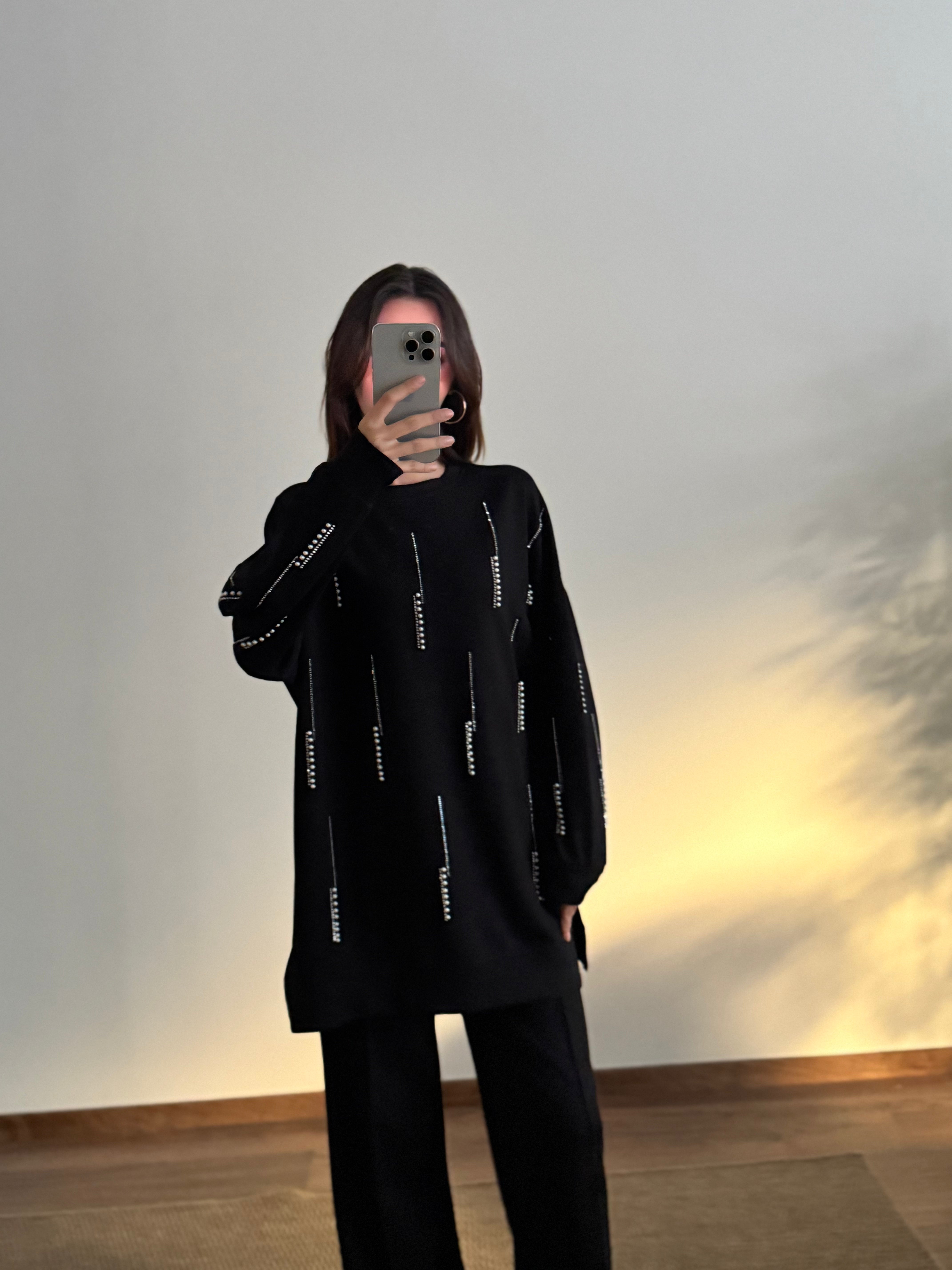 İnci Taş Detay Tunik Pantolon Siyah Takım