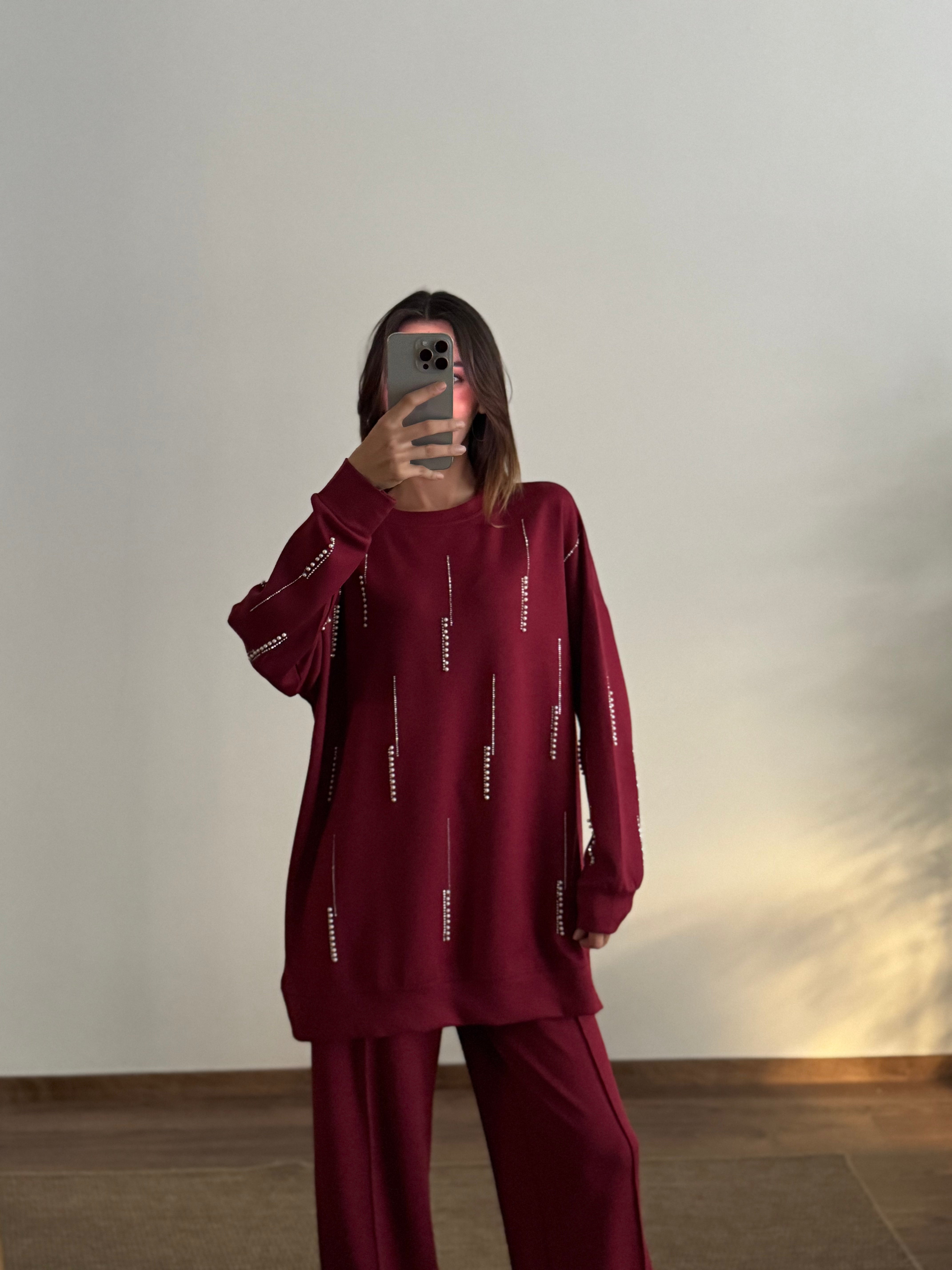 İnci Taş Detay Tunik Pantolon Bordo Takım